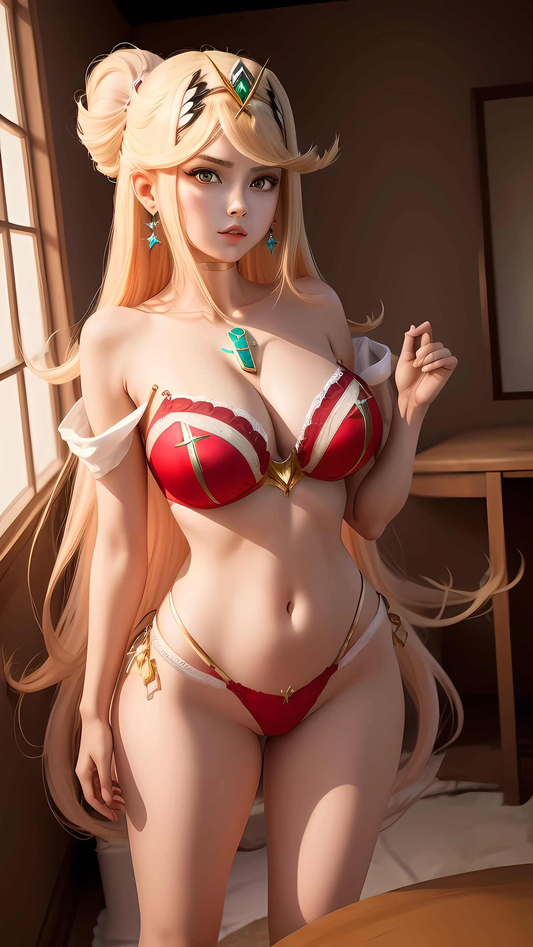 masterpiece, best quality, 1girl, solo, mythramm, tiara, earrings, chest jewel, red lingerie, full body