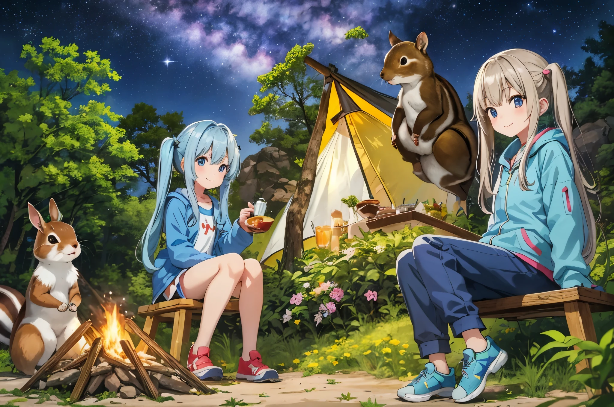 light blue long hair、twin tails、2 girls, 楽しそうなsmile、月night、starry sky、milky way、tentの前で焚き火を囲んでいる、Jacket, pants, , sitting, hiking shoes, sitting, camp, tent, night, barbecue, smile, nature, forest, campファイヤー, wood, food,forestの動物達が会いに来ています、Squirrel、Rabbit