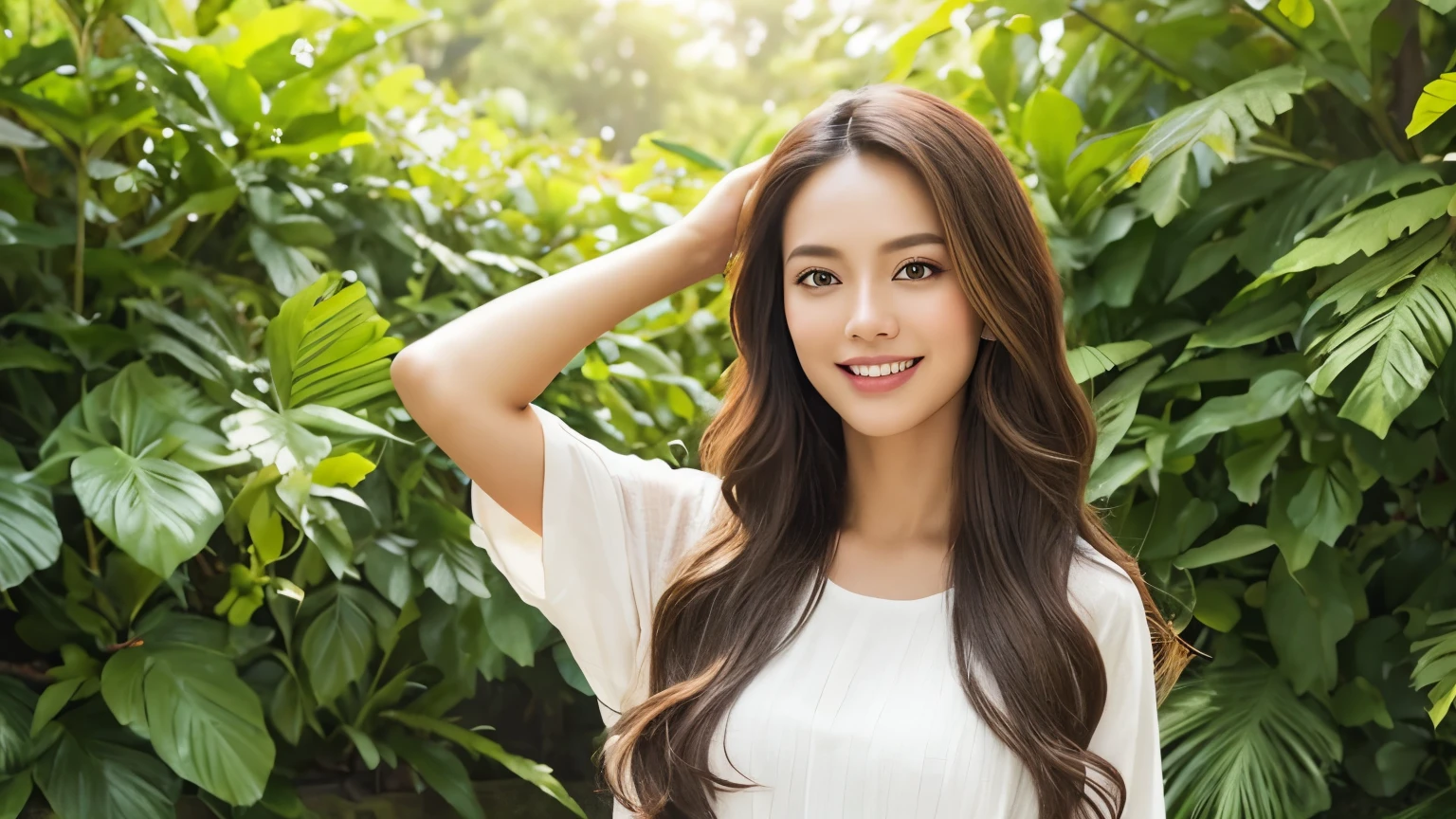 Beautiful and Radiant Woman in a Casual Outfit: distinctive malaysian woman, cewek telanjang, stunning asian beauty, effortless grace, exquisite poise, natural charm, vibrant colors, high definition, stark contrast, engrossing detail, official artwork, ultra-detailed, once-in-a-lifetime experience, Malaysian culture, light-skinned, long wavy hair, free-flowing, side parting, sun-kissed highlights, playful expression, outdoor setting, lush greenery, serene surroundings, smiling, relaxed, comfortable clothing, everyday elegance, confident, radiant, evoking joy.