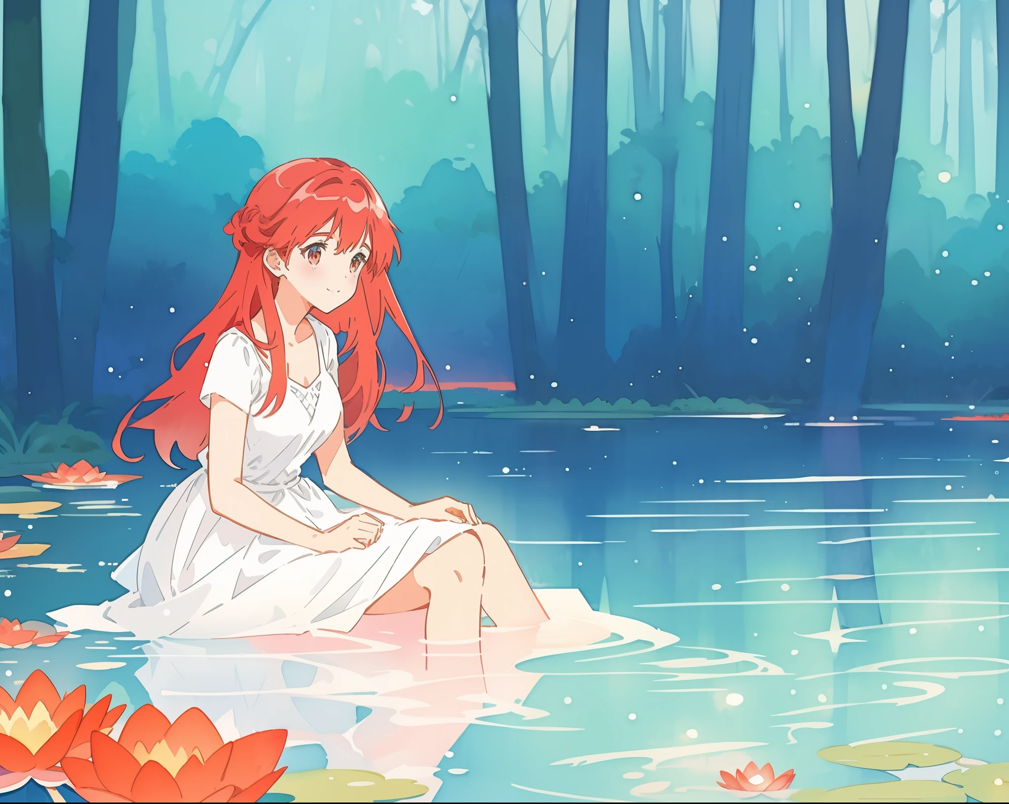 beautiful girl in a white dress sitting in the water, long red hair, magical forest background, red water lilies, beautiful lake, watercolor illustration, disney art style, beautiful, masterpiece, best quality, anime disney style