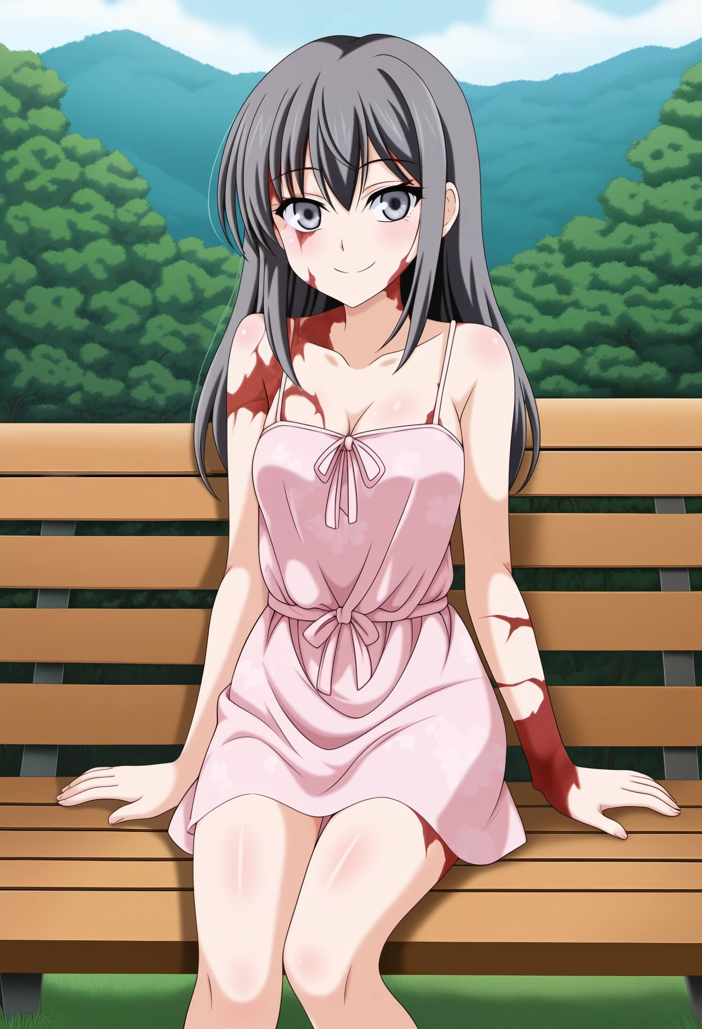 source_anime, score_9, score_8_up, score_7_up, score_6_up, 1girl,black hair, grey eyes, burn scar, scar, forest, summer dress, long hair, happy, smile,sitting on bench, (((Ultra-HD-quality-details)))