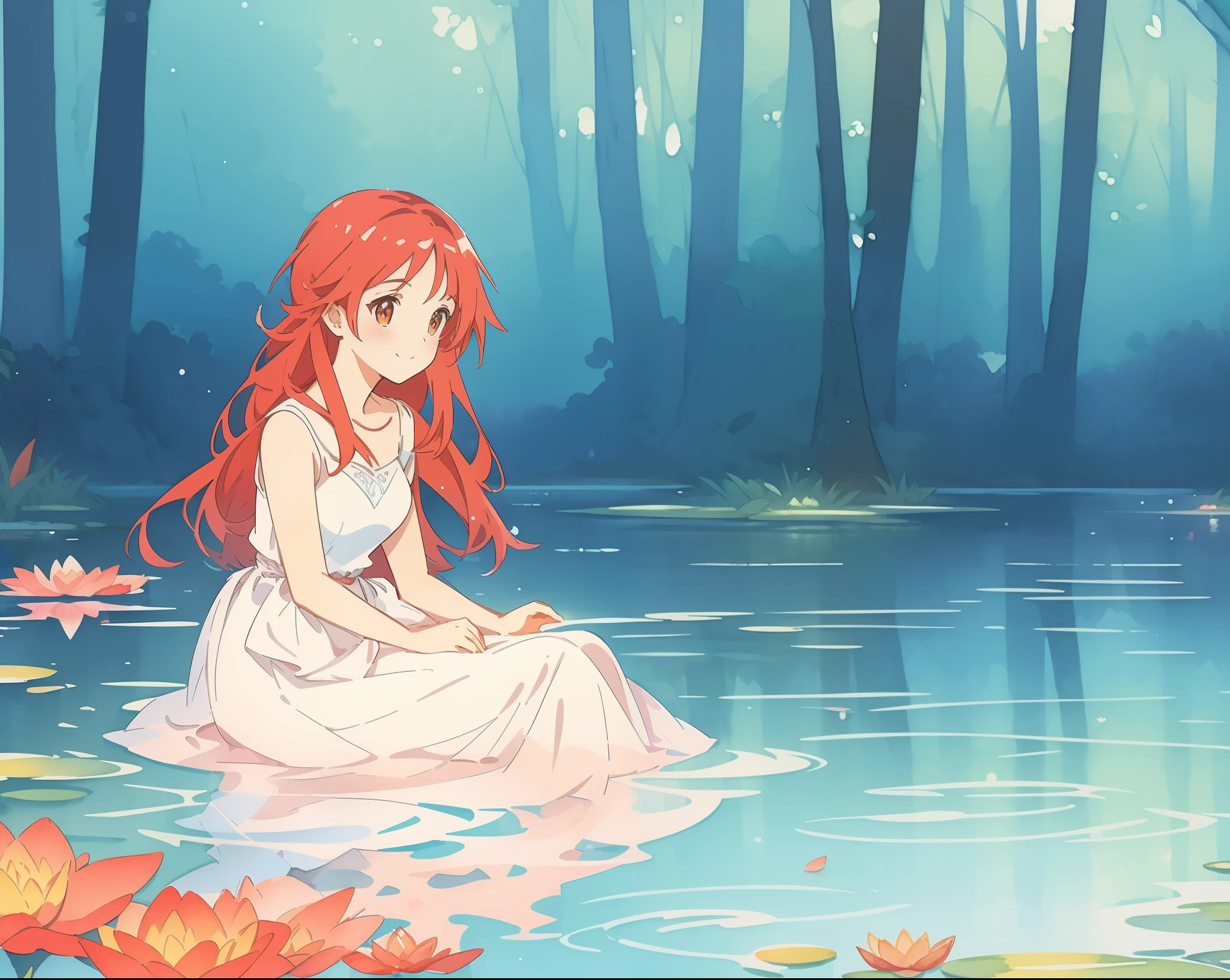beautiful girl in a white dress sitting in the water, long red hair, magical forest background, red water lilies, beautiful lake, watercolor illustration, disney art style, beautiful, masterpiece, best quality, anime disney style