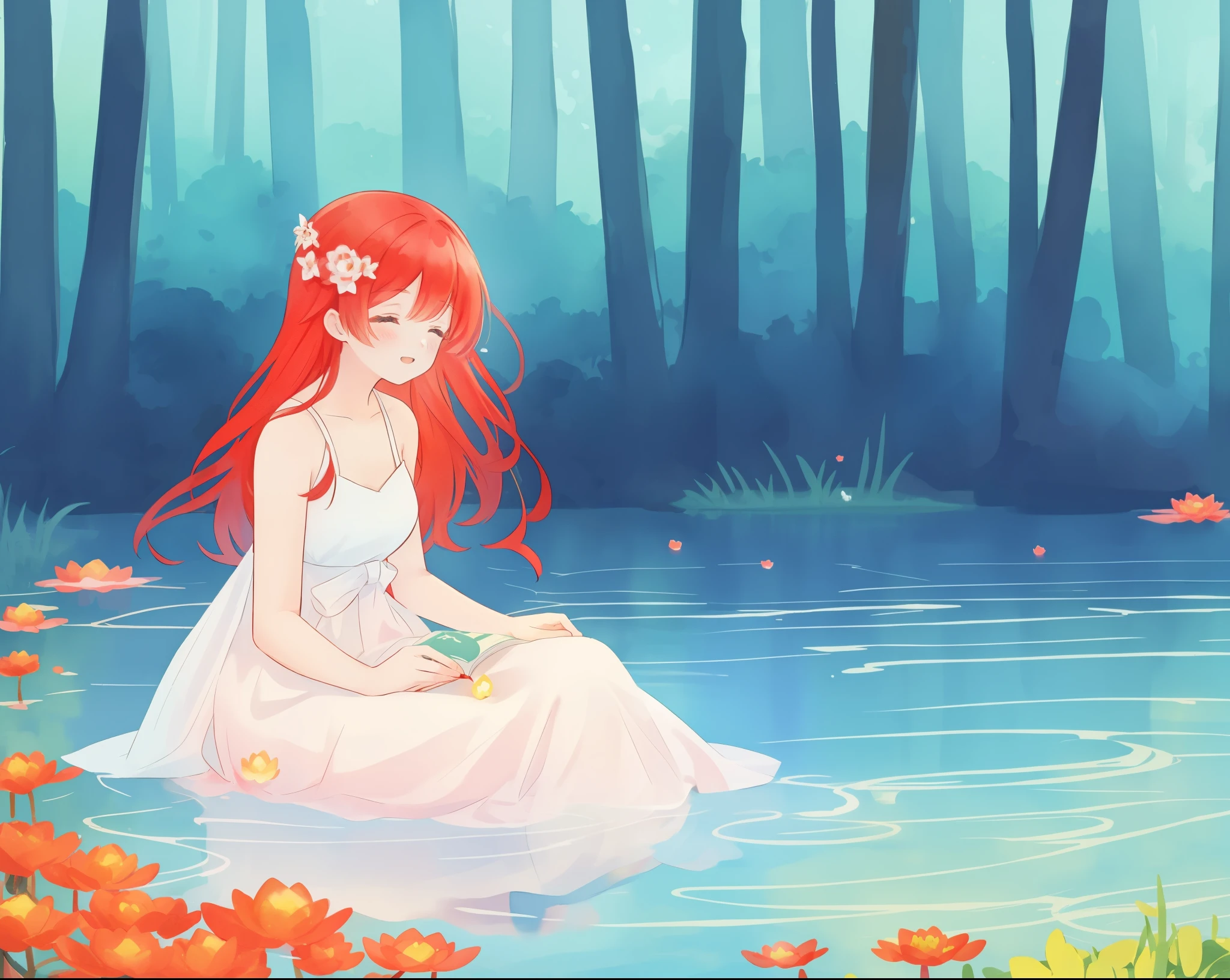 beautiful girl in a white dress sitting in the water, long red hair, magical forest background, red water lilies, beautiful lake, watercolor illustration, disney art style, beautiful, masterpiece, best quality