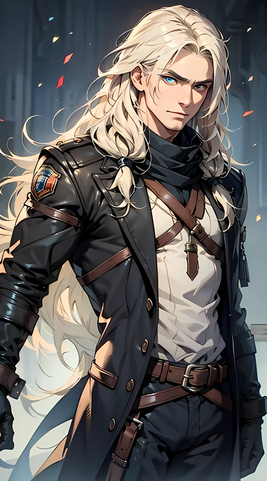 (MAN character), (Sesquipedalian, очень long hair, current, blonde hair), (heterochromia), (Left eye: blue), (Right eye: brown), (black leather coat), (black shirt), (Archery gloves), (black pants), (Black scarf), (illustration), (Ultra detailed), (realistic), (A high resolution), (portrait), (mysterious lighting), (bright colors) (fighter) (48 years old) (mature man) (cold light) (long hair: 2.0)