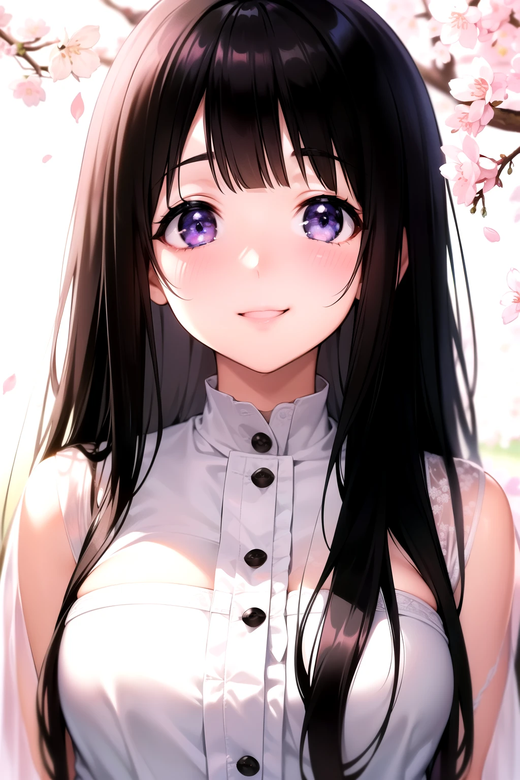 (A superb exquisite Chitanda Eru), (adult face), solo, intricate details, (finely detailed beautiful eyes: 1.2), purple eyes, long black hair, natural straight hair, straight bangs, solo, [Small_breasts: large_breasts: 0.5], normal breasts, extremely delicate, peerless beautiful girl, dreamy quality, exaggerated facial features, solid color, delicate face, bright lips, slender waist, straight curves, super fine, [8K full HD], (masterpiece:1.4), (((blush, smiling, with cherry blossom, portrait)))
