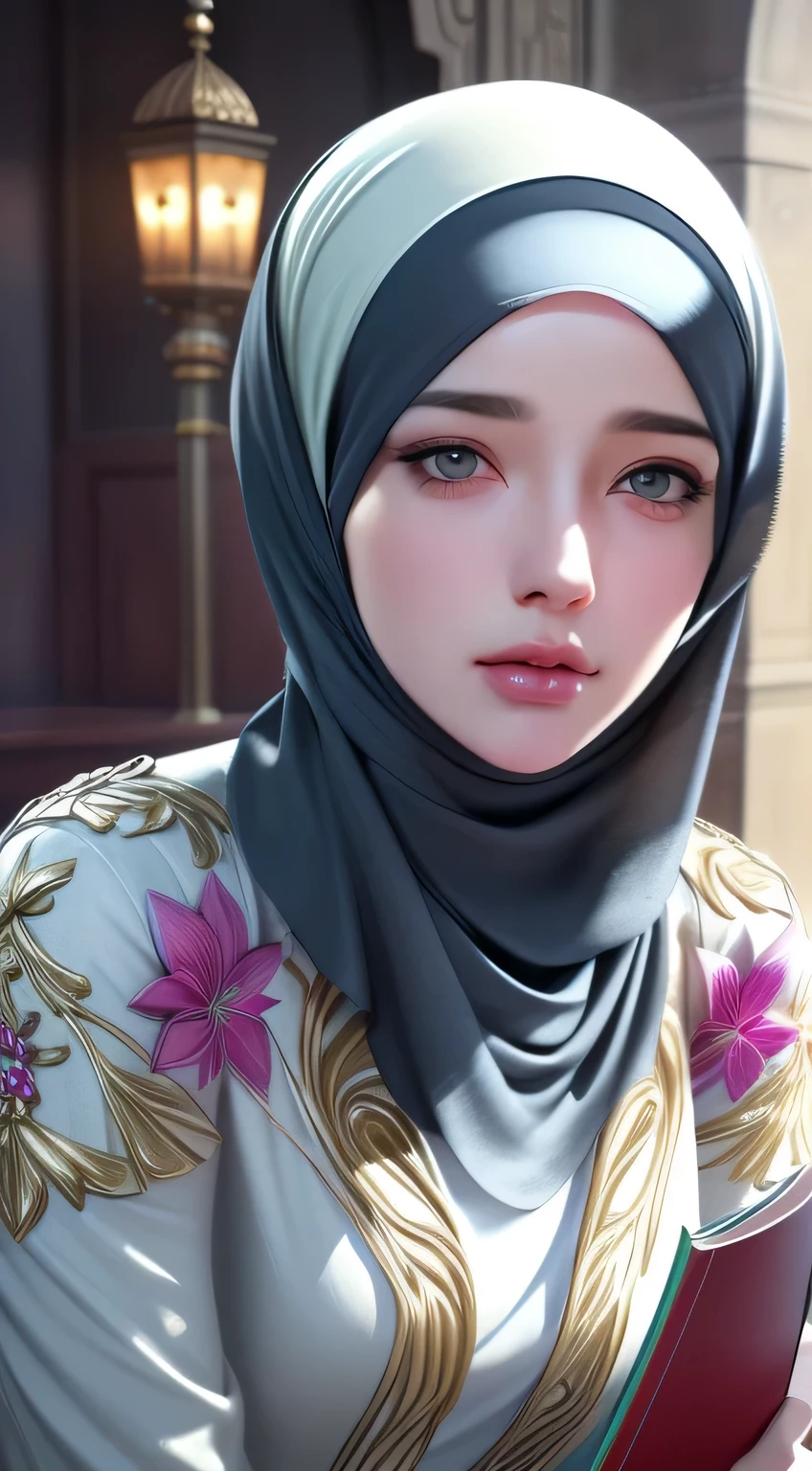 1girl, solo, beautiful face, high detailed realistic eyes, double eyelids, high detailed realistic pupils, (upon body from head to waist:1.36), (wearing hijab:1.37), (moslem headscarf:1.37), reading glasses, sitting alone on a long chair, amazing mosque park background, taj mahal, best quality, masterpiece, highres, black and white moslem female dress, Beautiful face, (upon body from head to waist:1.35), tyndall effect, photorealistic, dark studio, two tone lighting, 8k uhd, dslr, soft lighting, high quality, volumetric lighting, candid, Photograph, high resolution, 4k, 8k, Bokeh, (hyperrealistic girl), (illustration), (high resolution), (extremely detailed), (best illustration), (beautiful detailed eyes), (best quality), (ultra-detailed), (masterpiece), (wallpaper), (photorealistic), (natural light), (rim lighting), (detailed face), (high detailed realistic skin face texture), (anatomically correct), (heterochromic eyes), (detailed eyes), (sparkling eyes), (dynamic pose), (hair completely covered by the hijab:1.35), looking to viewer
