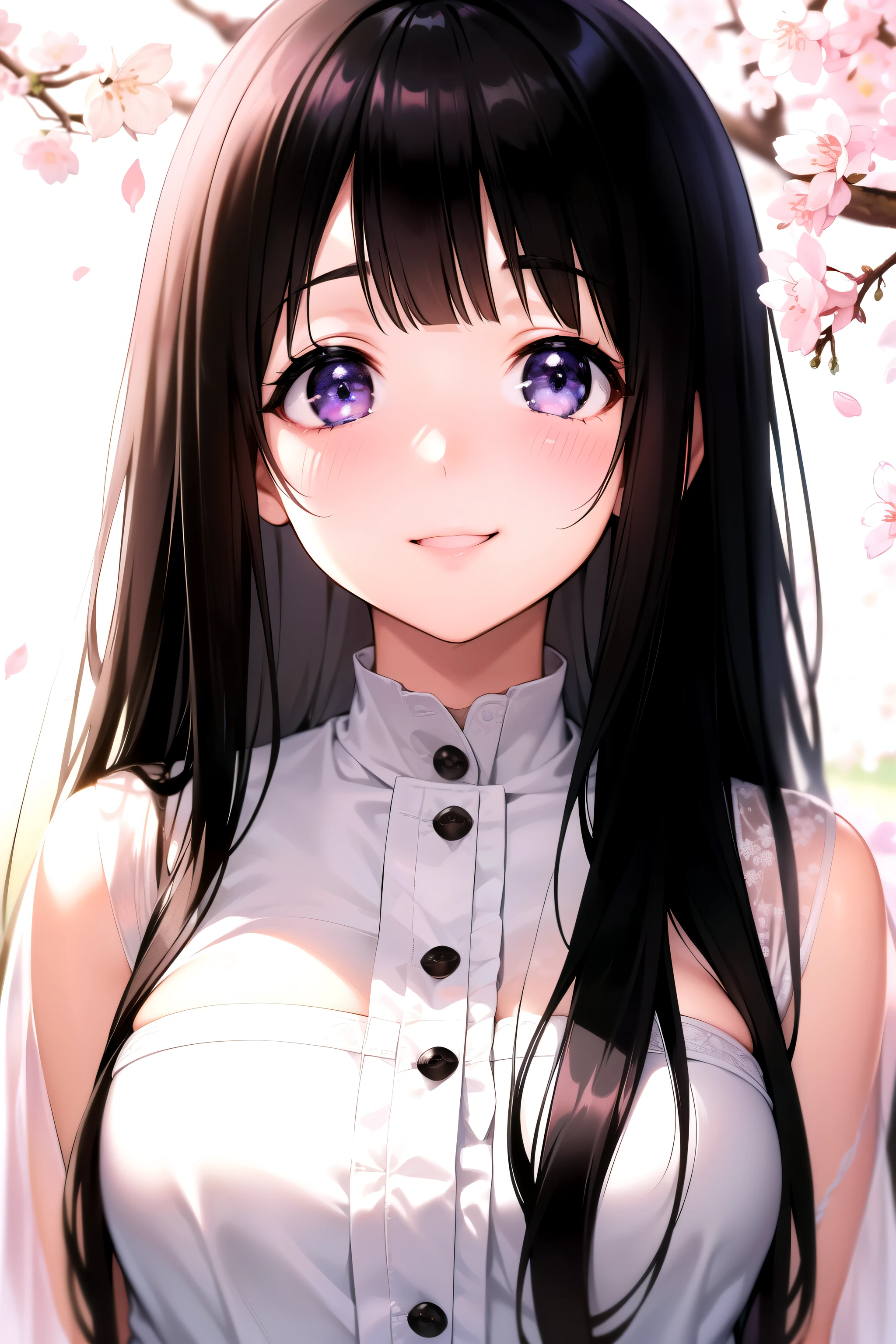 (A superb exquisite Chitanda Eru), (adult face), solo, intricate details, (finely detailed beautiful eyes: 1.2), purple eyes, long black hair, natural straight hair, straight bangs, solo, [Small_breasts: large_breasts: 0.5], normal breasts, extremely delicate, peerless beautiful girl, dreamy quality, exaggerated facial features, solid color, delicate face, bright lips, slender waist, straight curves, super fine, [8K full HD], (masterpiece:1.4), (((blush, smiling, with cherry blossom, portrait)))
