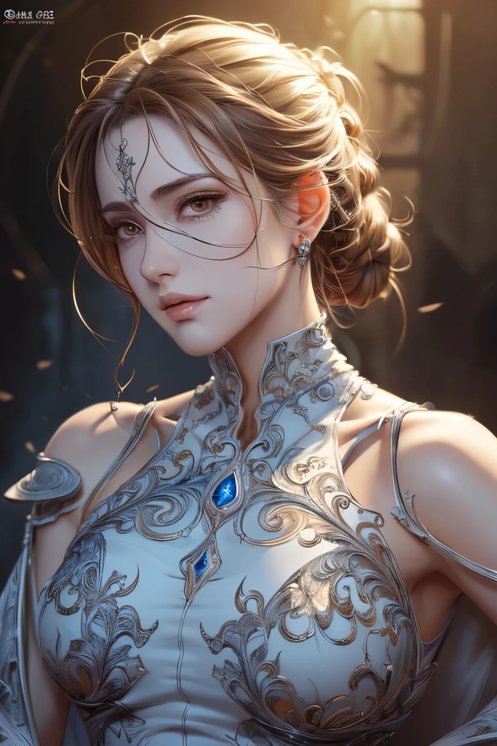 ((highest quality)),(ultra high resolution),(Super detailed),(detailed description),((best CG)),(best work of art),super precision art,amazing drawing art,(Fantasy art with precise details:1.5), (1 woman:1.7),(high neck dress:1.5)