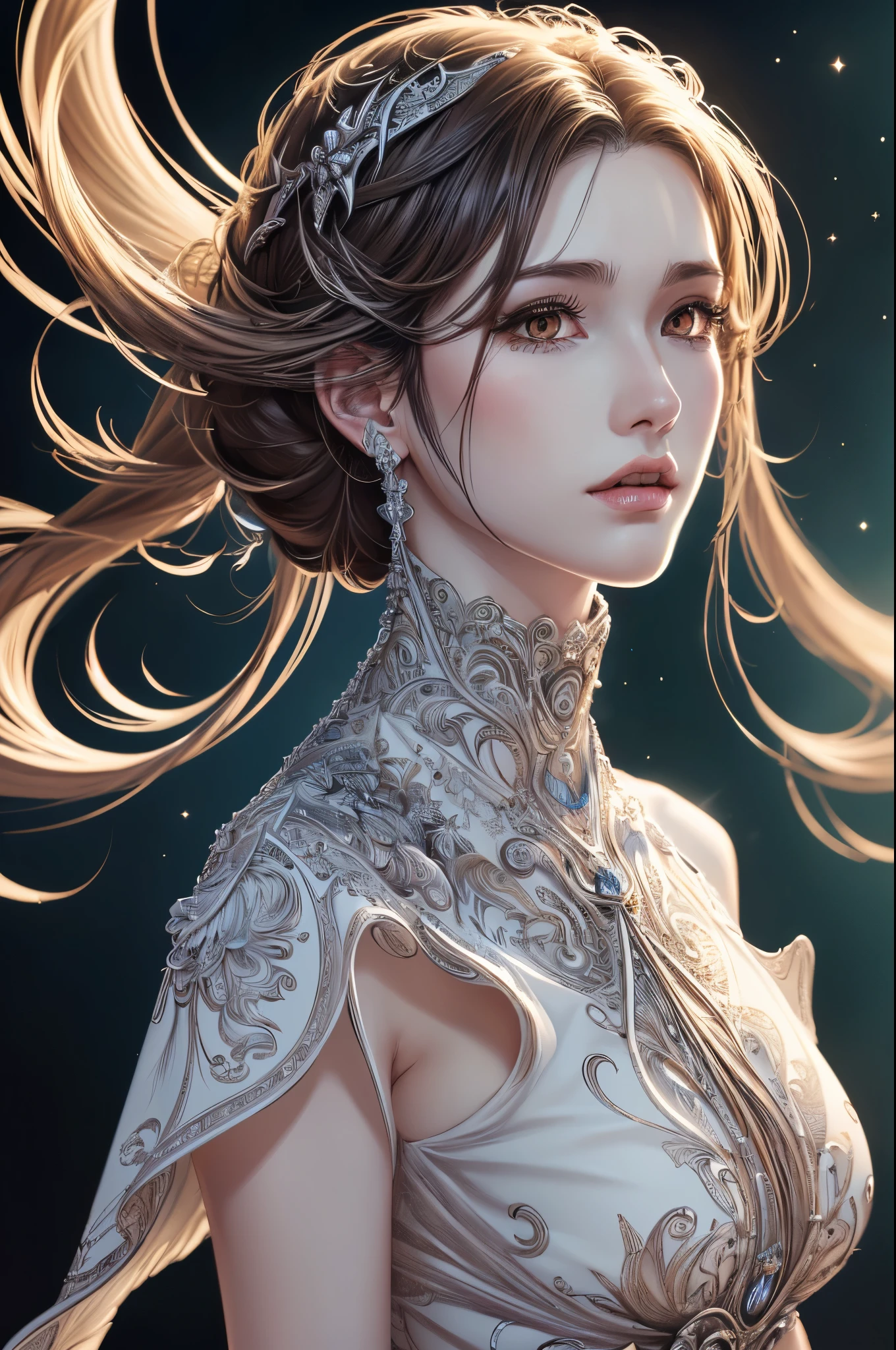 ((highest quality)),(ultra high resolution),(Super detailed),(detailed description),((best CG)),(best work of art),super precision art,amazing drawing art,(Fantasy art with precise details:1.5), (1 woman:1.7),(high neck dress:1.5)