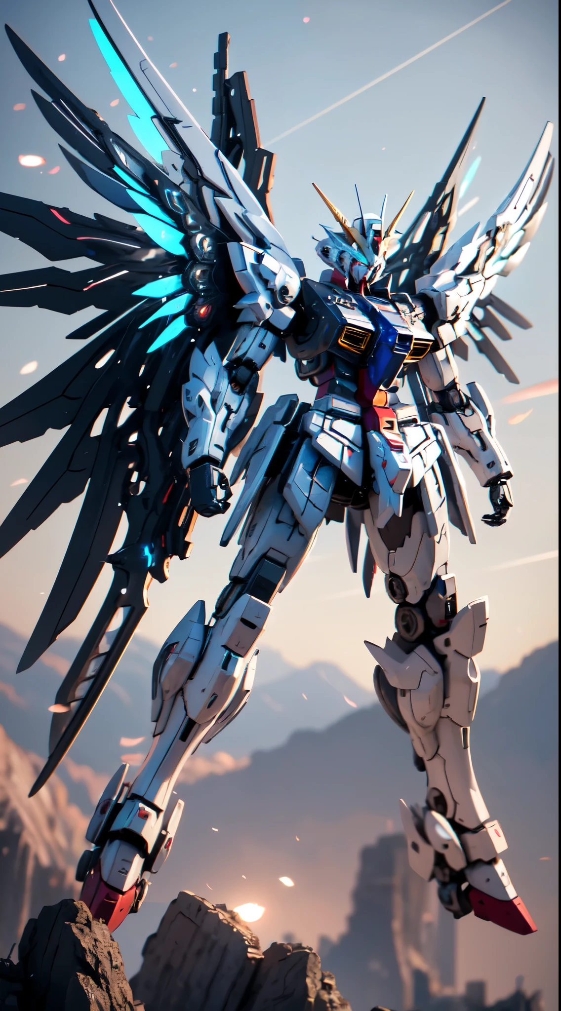 {{{character name: Gundam UNICORN wing gundam devata}}}, {{{gold and red}}}, anime screencap, {{blue eyes}}, character name, battle axe, flying, gun, holding, holding gun, holding weapon, logo, looking down, {{{mecha}}}, mechanical wings, {mobile suit}, no humans, robot, science fiction, solo focus, standing, v-fin, weapon, wings, garuda, multiple wings, mechanized bird tail, outstretched arms, floating, holding axe, {{{exhaust}}}, smoke, white glowing, eye trail, Hyperrealistic art BJ_Gundam, wings, solo, blue_eyes, weapon, wings, gun, no_humans, glowing, robot, mecha, clenched_hands, floating, science_fiction, mechanical_wings, v-fin,,
cinematic lighting,strong contrast,high level of detail,Best quality,masterpiece,White background,. Extremely high-resolution details,photographic,realism pushed to extreme,fine texture,incredibly lifelike,. Extremely high-resolution details, photographic, realism pushed to extreme, fine texture, incredibly lifelike