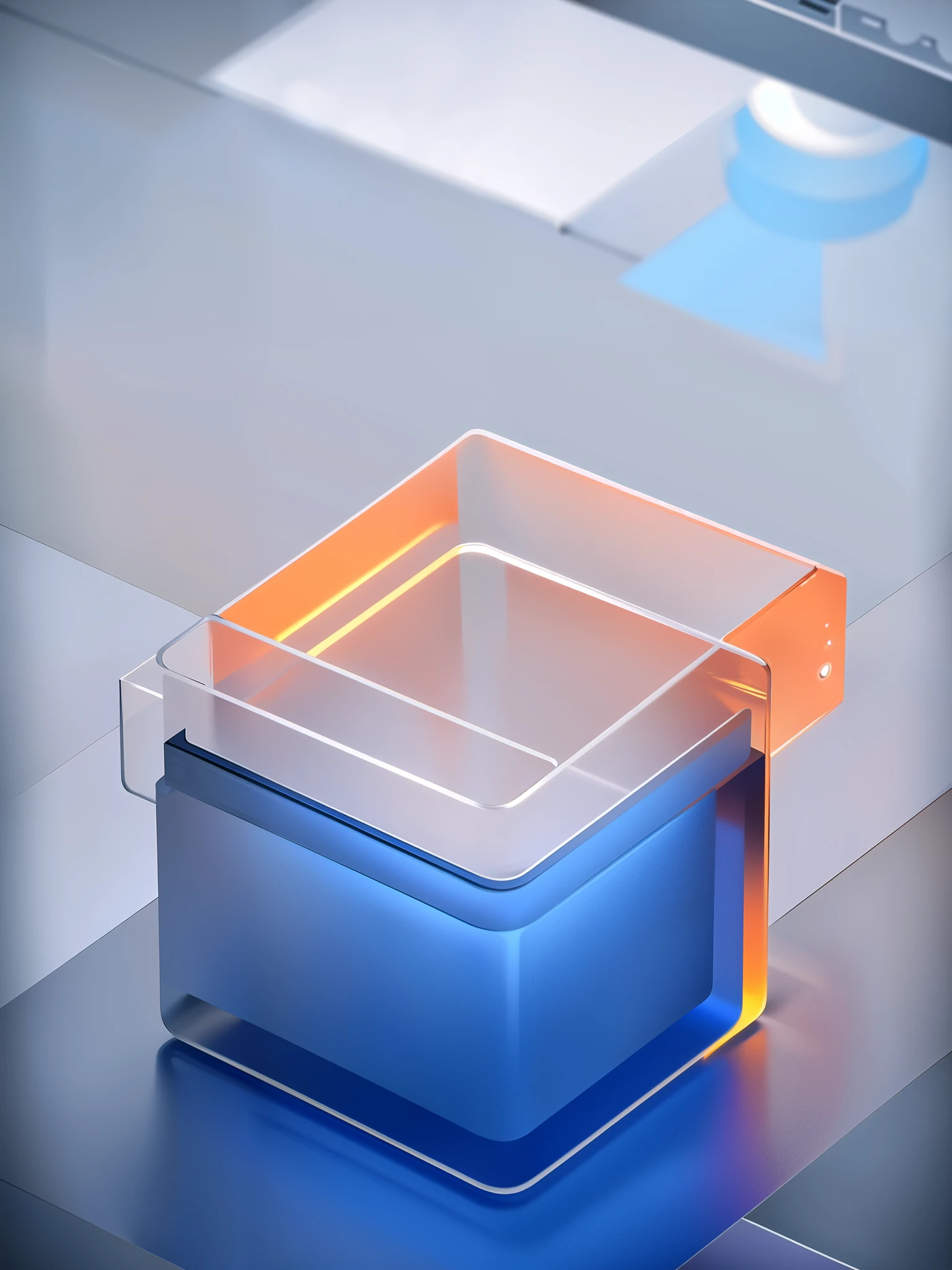 Melhor qualidade, Muitos detalhes,4K,liquidificador,octane rendering,C4D,Textura de vidro transparente,DDicon,azul|Laranja, vidro fosco, senso de tecnologia transparente, desenho industrial,fundo branco,studio lighting, luz do sol,plano, Minimum,quase-objeto,axisymmetric,Data,cubo,arquivo,