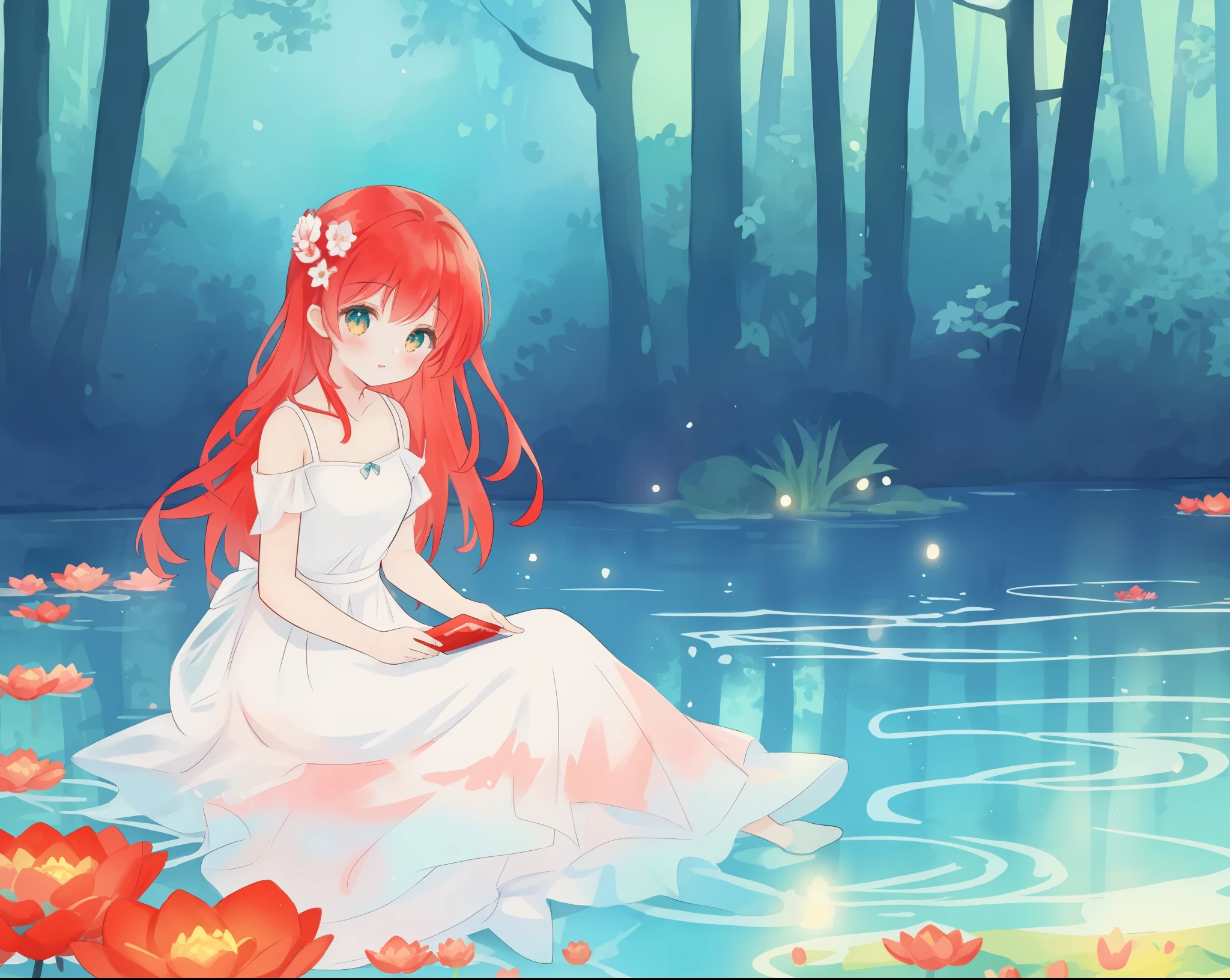 beautiful girl in a white dress sitting in the water, long red hair, magical forest background, red water lilies, beautiful lake, watercolor illustration, disney art style, beautiful, masterpiece, best quality