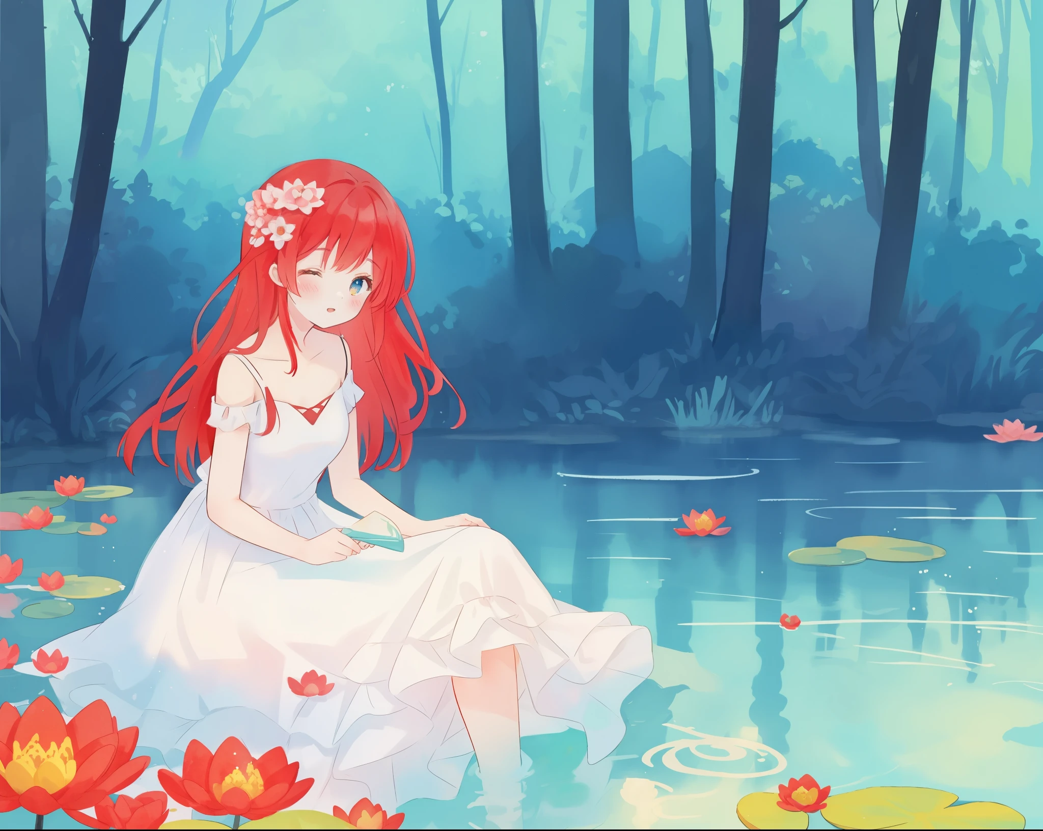 beautiful girl in a white dress sitting in the water, long red hair, magical forest background, red water lilies, beautiful lake, watercolor illustration, disney art style, beautiful, masterpiece, best quality