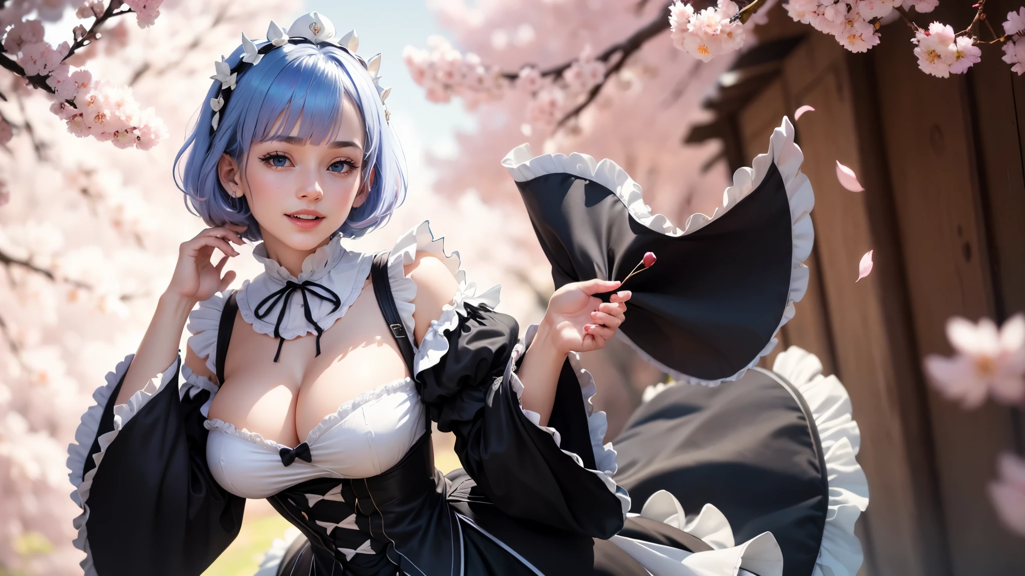 masterpiece, Best quality, Ultra detailed, shiny shiny, glowing light, ray tracing, HDR, depth of field, (perfect face, detailed face, detailed eyes,perfect hands),(big tits:1.2),8 k,HD,ultra realistic face,ray tracing,perfect lighting,Best quality, Ultra detailed, sparkling eyes, (I look at the viewer,smile with open mouth:1.1), ((1 girl)), (mature woman:1.4),cowboy shot,hips,
rem,short hair,((gradient hair)),different colored eyes, eye gradient, (sparkling eyes:1.3), mascara, (fashion makeup), parted lips,hair ornament,long sleeves, dress, tape, hair tape, flower,frill, separate sleeves,wide sleeves, hair over one eye,apron, black dress, maid, maid headdress, black tape, neck tape, only upper teeth,frilled dress, x hair ornament, frilled sleeves, waist apron, white apron, pink tape,roswaal mansion maid uniform,
((middle of the school, school's yard, cherry trees, Cherry blossoms, school)),(complex background, many elements in the background:1.2),((super detailed background)), Dynamic poses, ((8 k wallpaper)) ,
