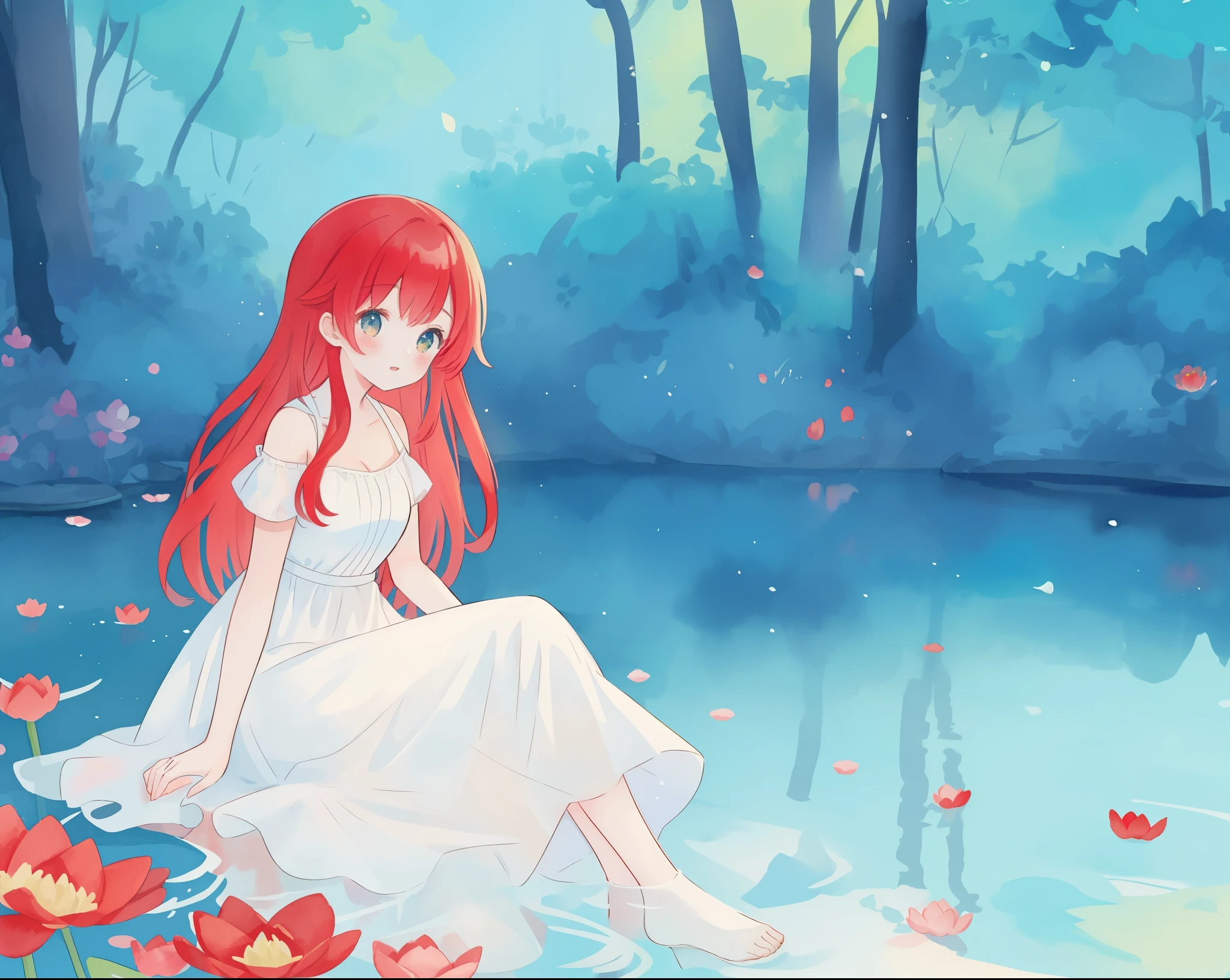 beautiful girl in a white dress sitting in the water, long red hair, magical forest background, red water lilies, beautiful lake, watercolor illustration, disney art style, beautiful, masterpiece, best quality