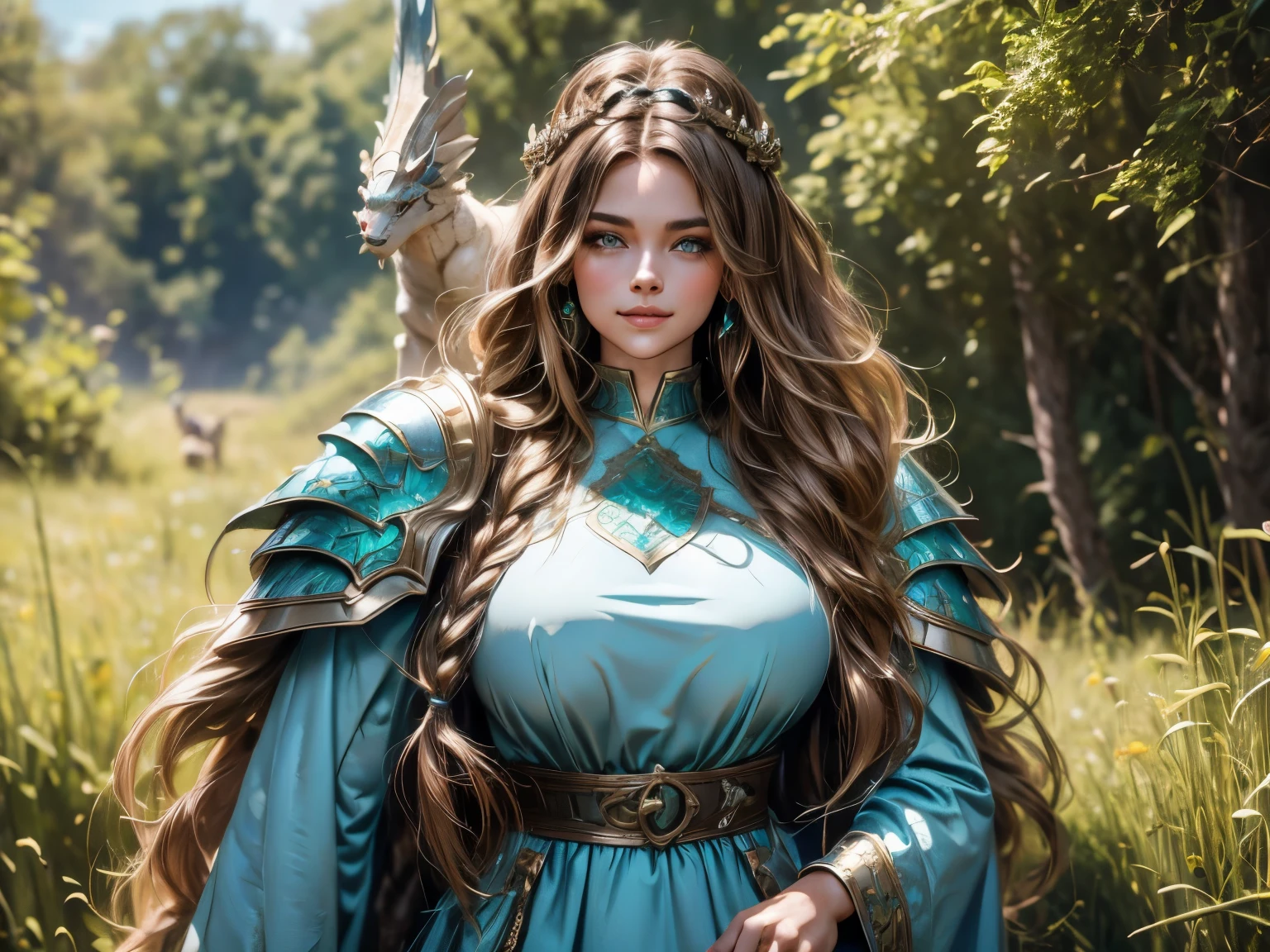 1 girl with a pet dragon, solo focus, brunette wavy hair, fashion hair, sweet smile, light blue eyes, huge breasts, fit body, intricate paladin armor, masterpiece, dragon pet, green tunic,ultra HD, raw photos, detailed skin textures, detailed face, detailed hair, detailed crown, perfect hands, cowboy shot, very busty, abnormally huge breasts, (abnormally huge breasts), luscious lips