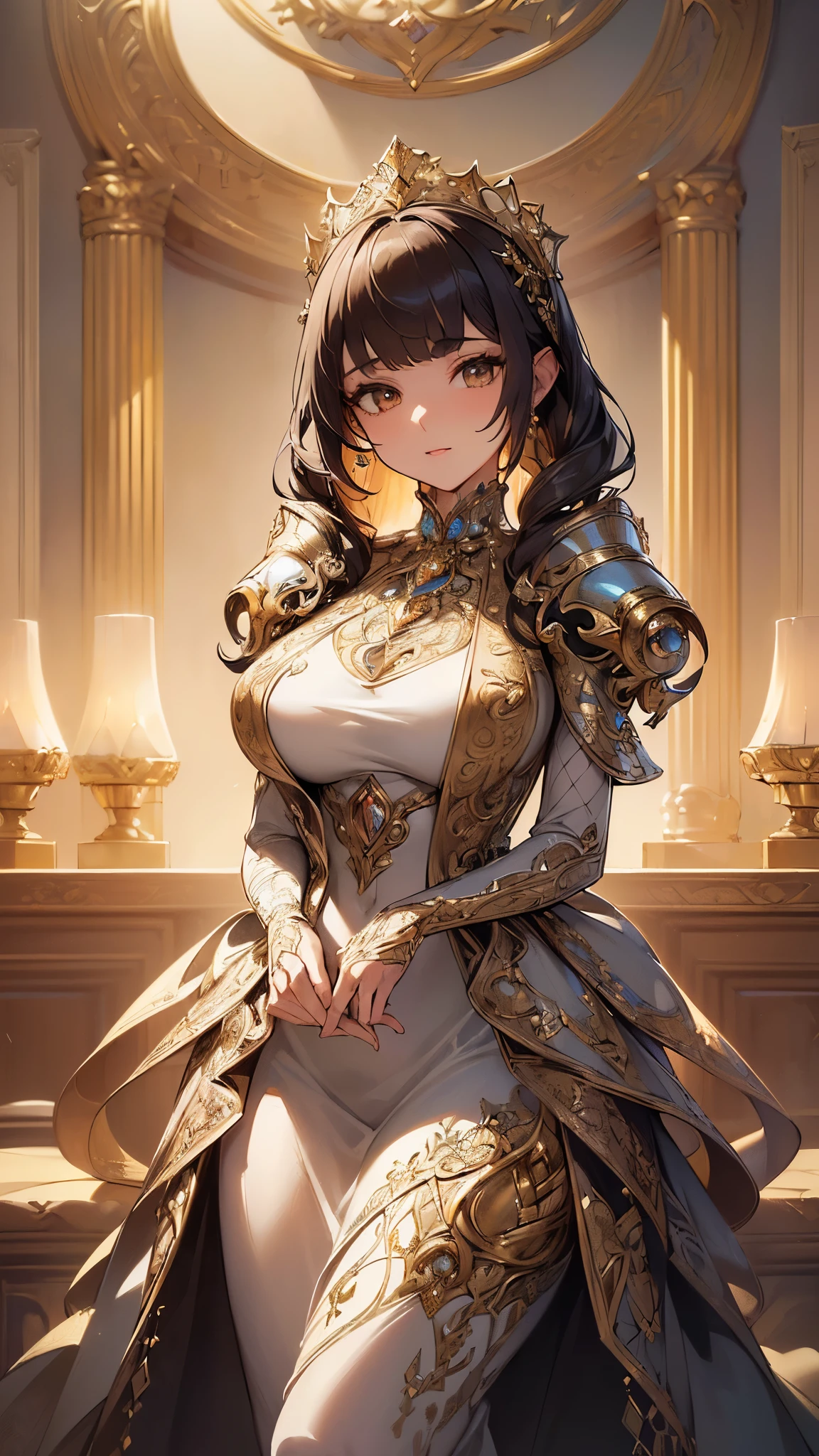 ((highest quality)),(ultra high resolution),(Super detailed),(detailed description),((best CG)),(best work of art),super precision art,amazing drawing art,(Fantasy art with precise details:1.5), (1 woman:1.7),(A luxurious high-necked dress that is detailed and detailed.:1.5)