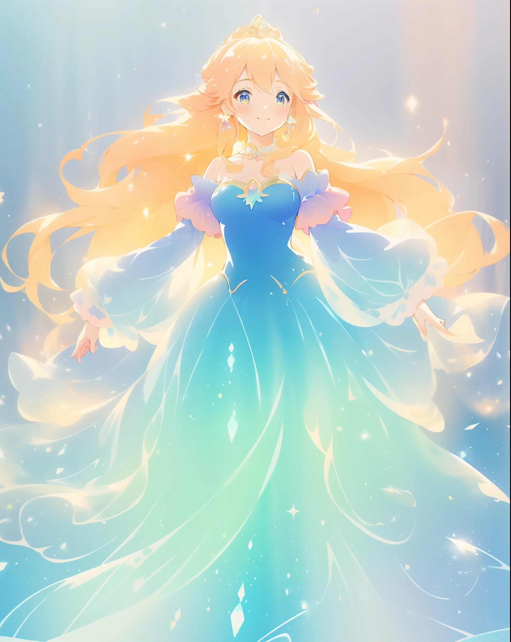 beautiful girl in gradient blue princess ballgown with puffy long sleeves, long flowing gold peach hair, liquid dress, fantasia liquid watercolor, liquid theme, vibrant pastel colors, colorful fantasia background, watercolor illustration, disney art style, beautiful digital illustration, beautiful, masterpiece, best quality, anime disney style, beautiful face