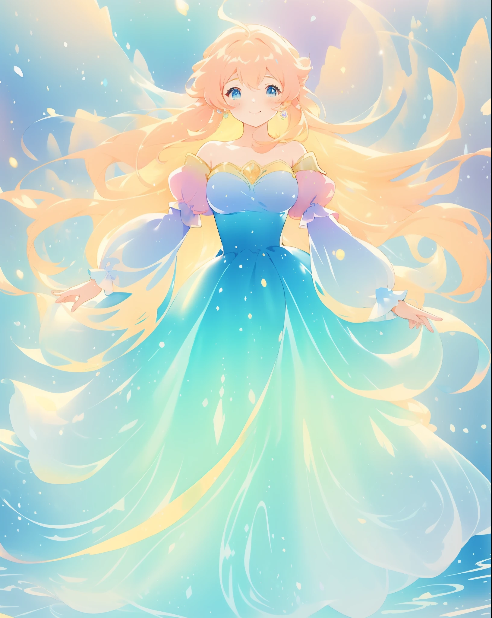 beautiful girl in gradient blue princess ballgown with puffy long sleeves, long flowing gold peach hair, liquid dress, fantasia liquid watercolor, liquid theme, vibrant pastel colors, colorful fantasia background, watercolor illustration, disney art style, beautiful digital illustration, beautiful, masterpiece, best quality, anime disney style, beautiful face