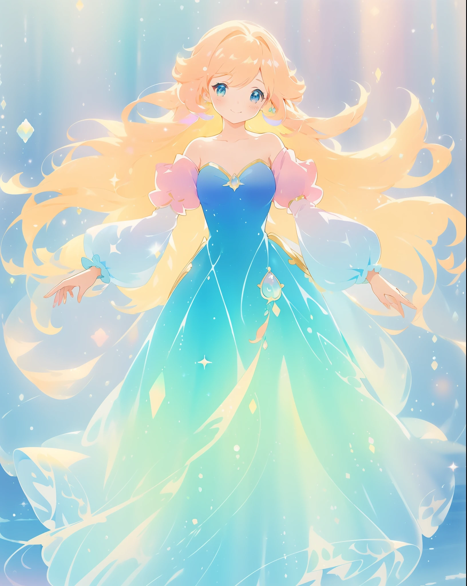 beautiful girl in gradient blue princess ballgown with puffy long sleeves, long flowing gold peach hair, liquid dress, fantasia liquid watercolor, liquid theme, vibrant pastel colors, colorful fantasia background, watercolor illustration, disney art style, beautiful digital illustration, beautiful, masterpiece, best quality, anime disney style, beautiful face