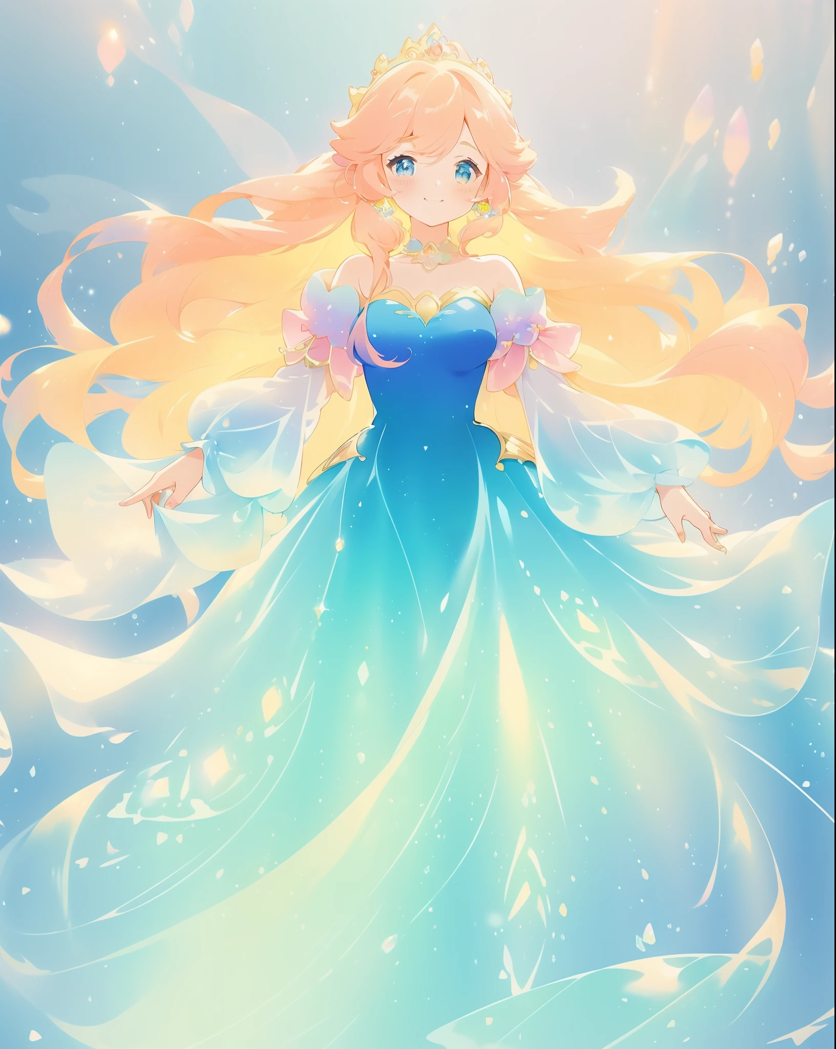 beautiful girl in gradient blue princess ballgown with puffy long sleeves, long flowing gold peach hair, liquid dress, fantasia liquid watercolor, liquid theme, vibrant pastel colors, colorful fantasia background, watercolor illustration, disney art style, beautiful digital illustration, beautiful, masterpiece, best quality, anime disney style, beautiful face