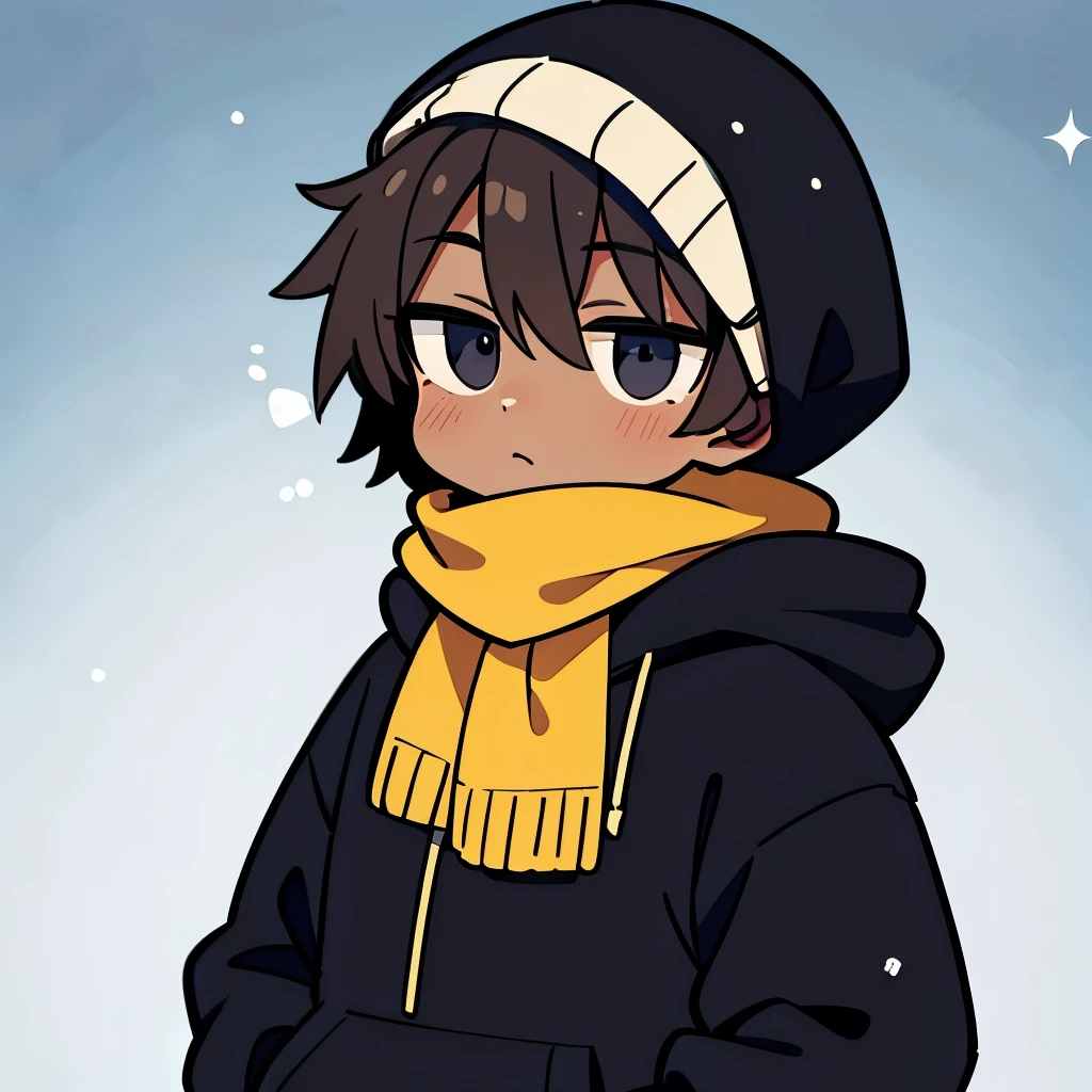 a black guy, wearing a scarf and a hoodie, on a snowy day