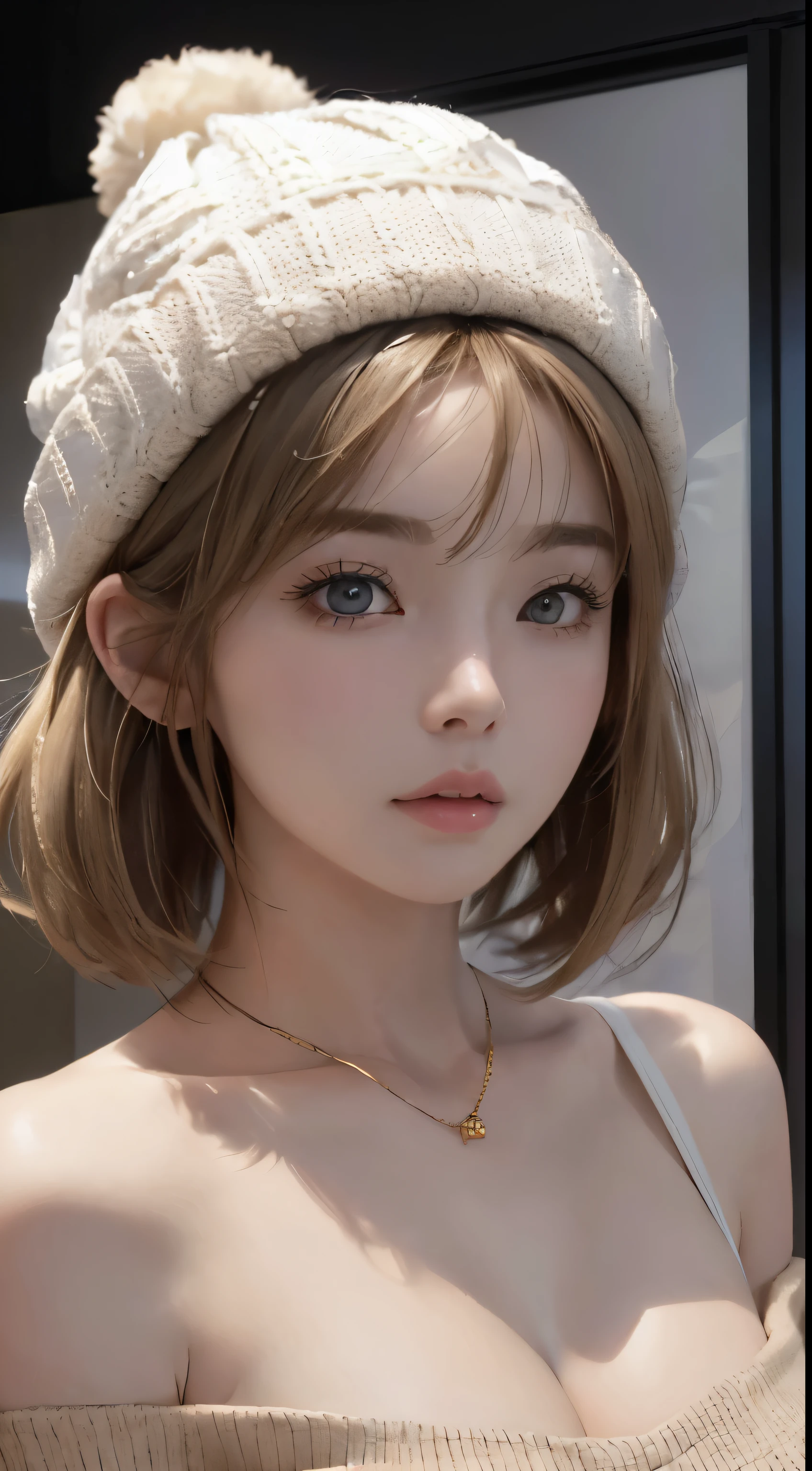 (masseter membrane:1.3)、(8K、realism、original photography、top quality: 1.4)、(1 girl in)、pretty face、(lifelike face)、(light beige mixed hair、short hair:1.3)、(plump breasts)、off shoulder sweater、outstanding 、is visible、((Sexy))、Wool cap、Wearing a cute knitted pom-pom hat、A necklace、(Show hat on screen)、realistic eyes、Beautiful details、(real skin)、beautiful skin、absurd、Tempting、ultra high resolution、surreal、high detail、golden ratio