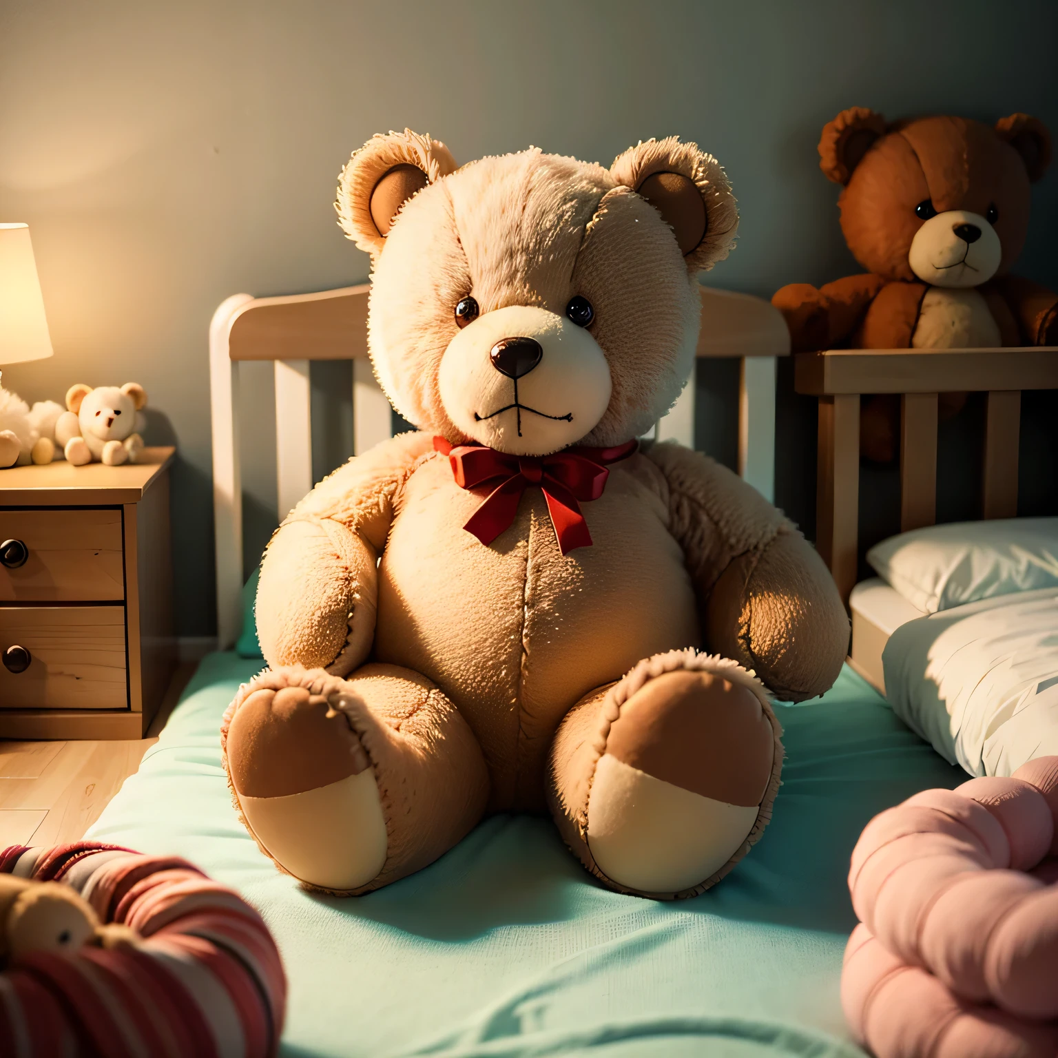 teddy bear for a , sitting on a bed in a children room. The bed has other toys around it