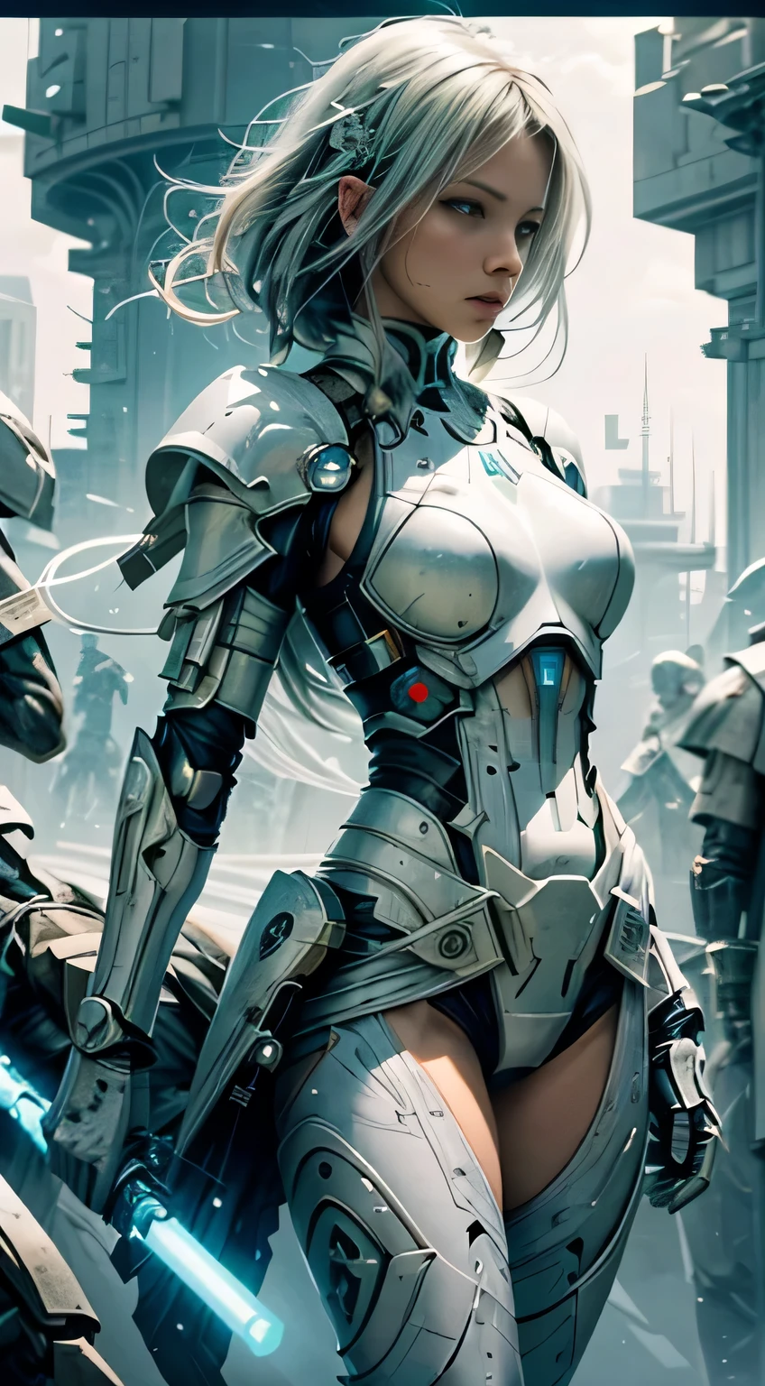 Amazing and clean character image with all-white futuristic armor(clan,marbled),With a lightsaber(with light glowing)expose arms、bshoulders、upper legs、nabel,Clean white background with sci-fi circle