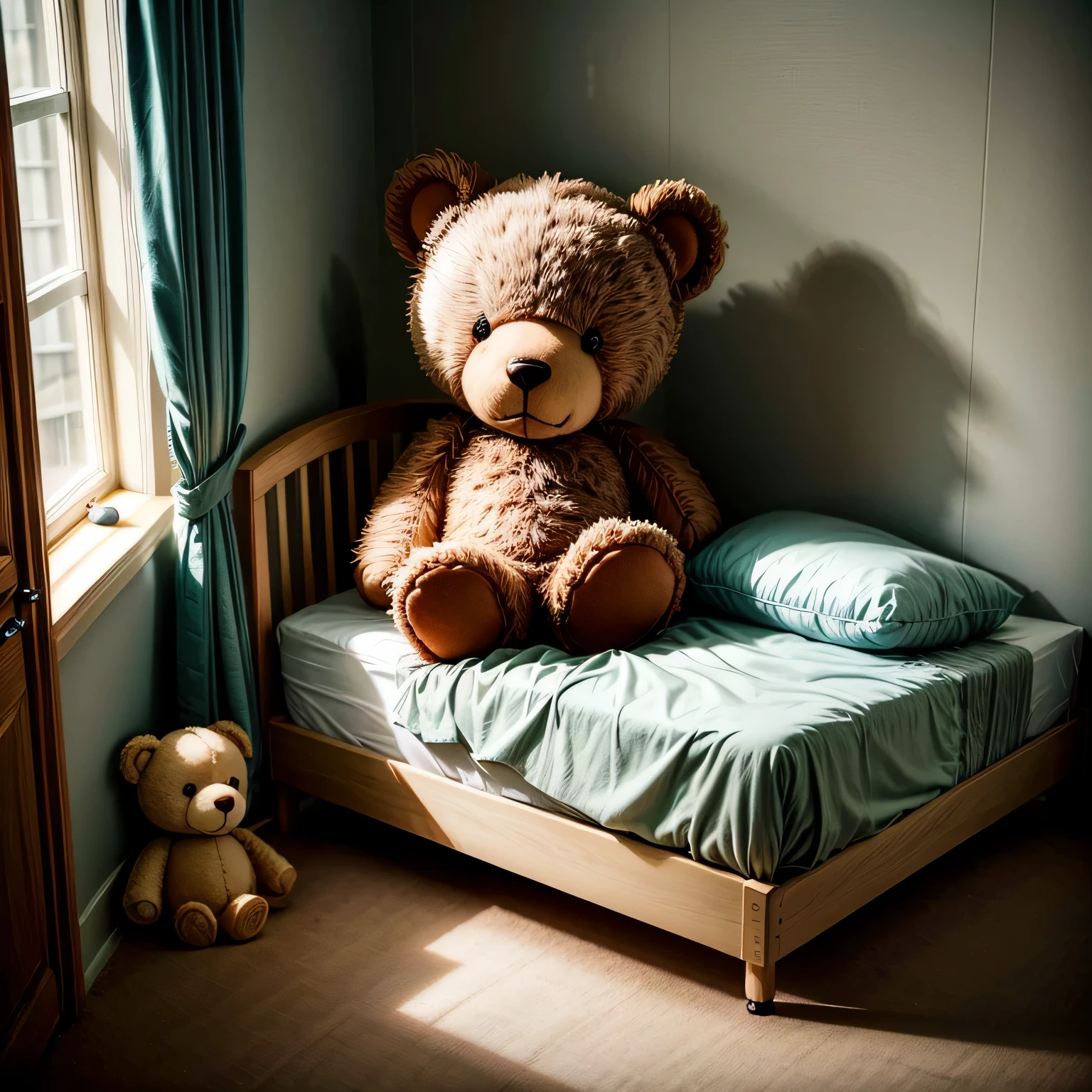 teddy bear for a , sitting on a bed in a children room. The bed has other toys around it