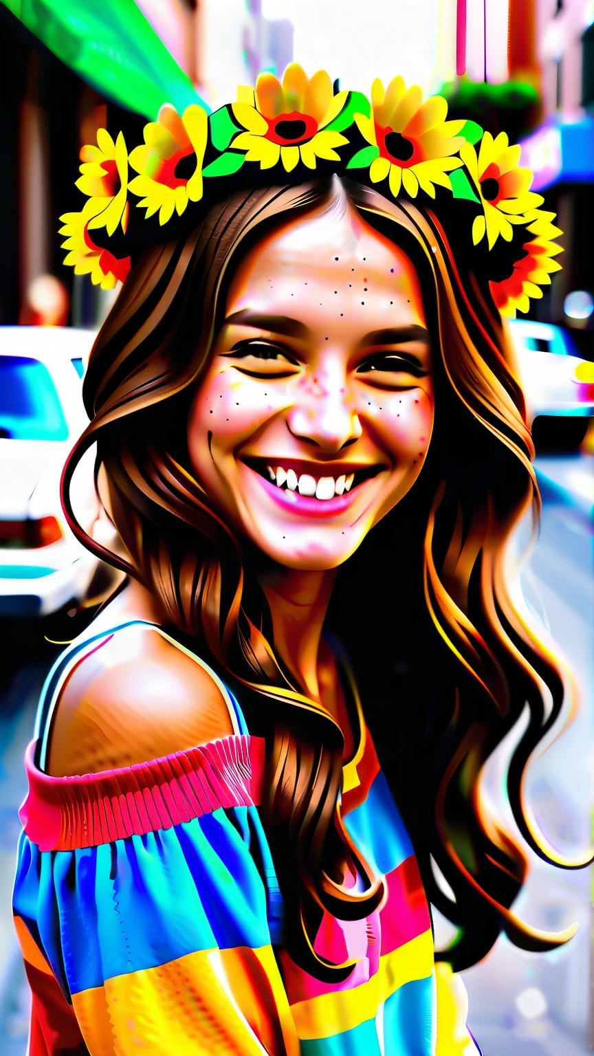 Imagine a breathtakingly cinematic photograph that captures the essence of the 70s: A young hippie girl, her brown hair cascading down in carefree waves, is adorned with a vibrant flower crown. She radiates joy and the spirit of the era, wearing colorful, flowy clothes that speak of and rebellion. Her smile is infectious, and around her neck hangs a peace sign necklace, a symbol of the times. She stands on a bustling San Francisco street, the essence of the city's soul in the 70s palpable in the background. This image, taken with a 50mm lens, boasts a film-like quality, rich in bokeh, and exudes a professional, 4k level of high detail. The photograph captures not just a moment but the spirit of an age - a snapshot that is as vivid and detailed as memory itself, nude, perfect breasts, pierced nipples, tan lines