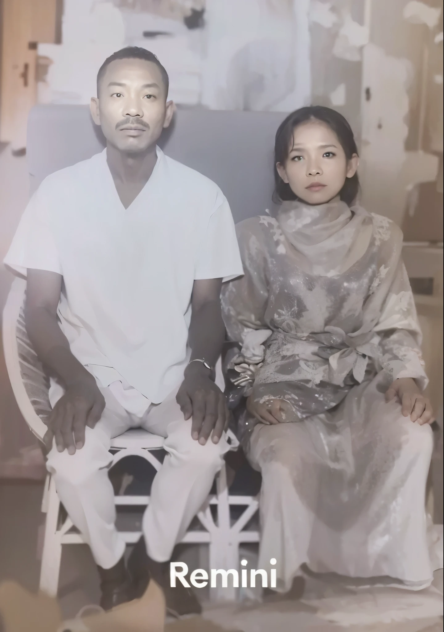 (((Masterpiece: 1.5, Best Quality, High Resolution: 1.3, Super Resolution, Super Detail, Super Detail: 1.3, Rich Background: 1.2))), Two Indonesian people, a 45-year-old man wearing a white shirt, dark skin, and a 40-year-old woman wearing a yellow Javanese kebaya and batik sarong. Sitting on a chair, abstract background.