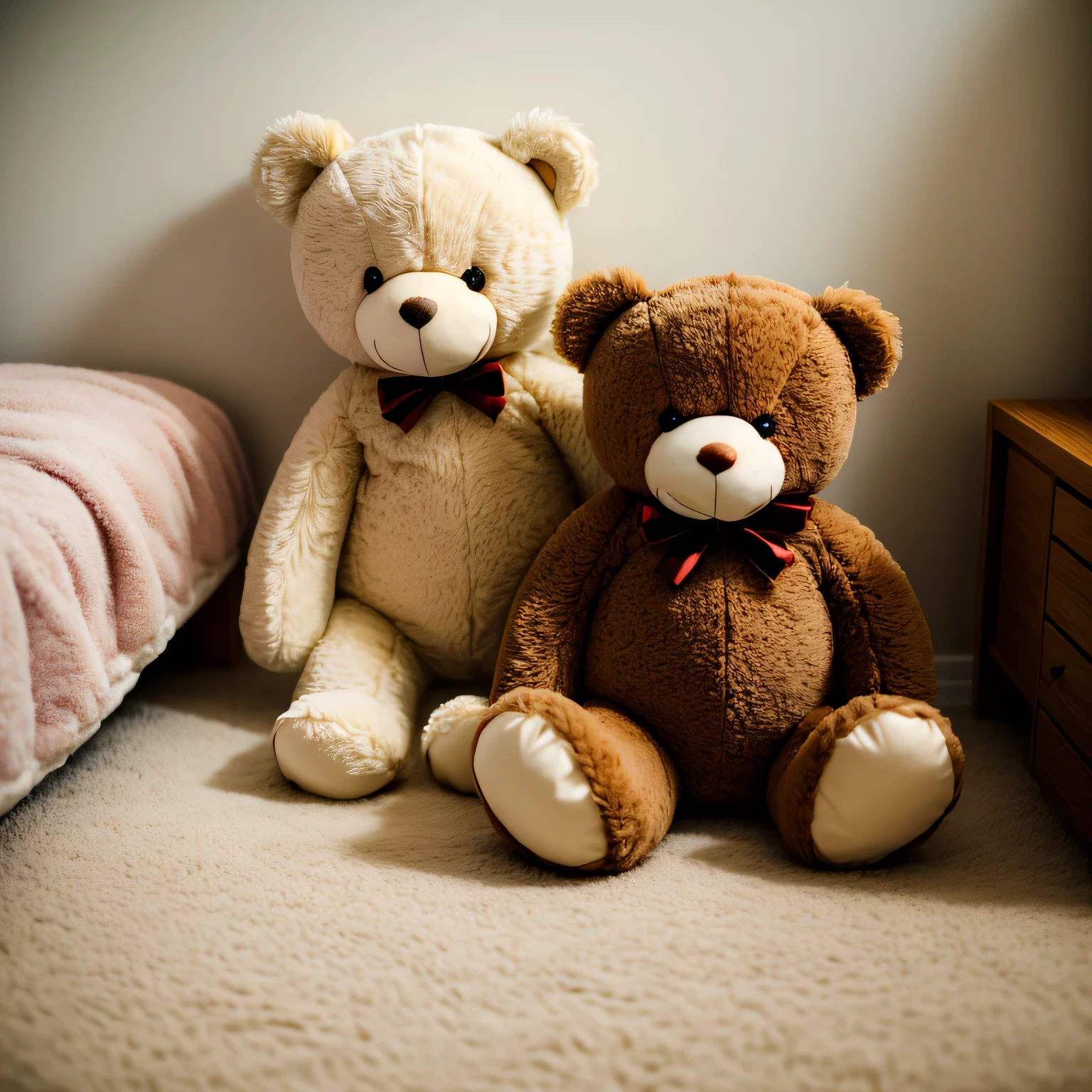teddy bear for a , sitting on a bed in a children room. The bed has other toys around it