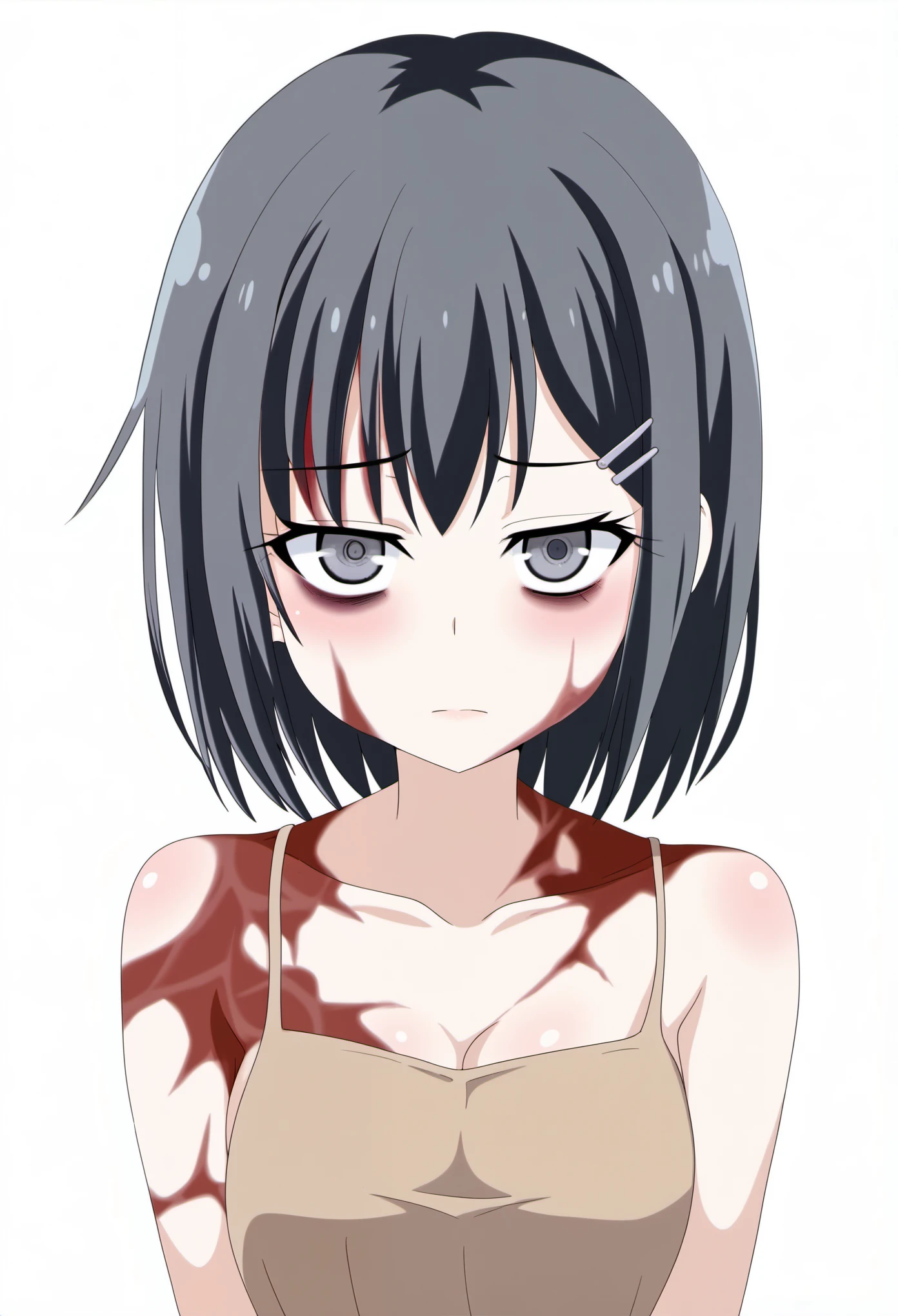 source_anime, score_9, score_8_up, score_7_up, score_6_up, 1girl, black hair, grey eyes, burn scar, scar, innexpressive, bags under eyes, brown dress, sundress, upper body, looking at viewer, white background, simple background, professional art, (((Ultra-HD-quality-details)))