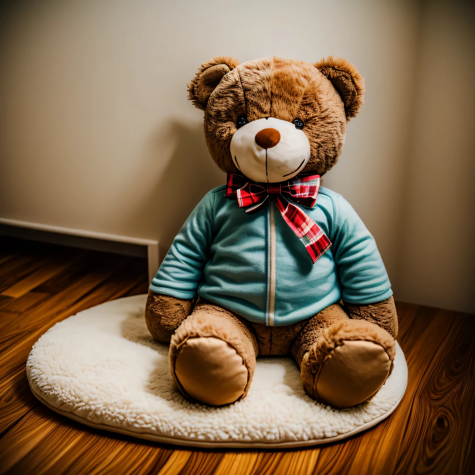 teddy bear for a , sitting on a bed in a children room. The bed has other toys around it