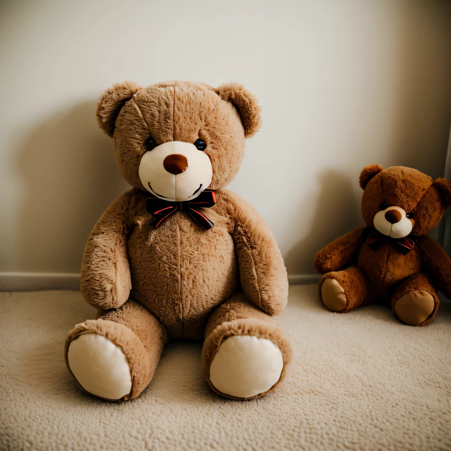 teddy bear for a , sitting on a bed in a children room. The bed has other toys around it
