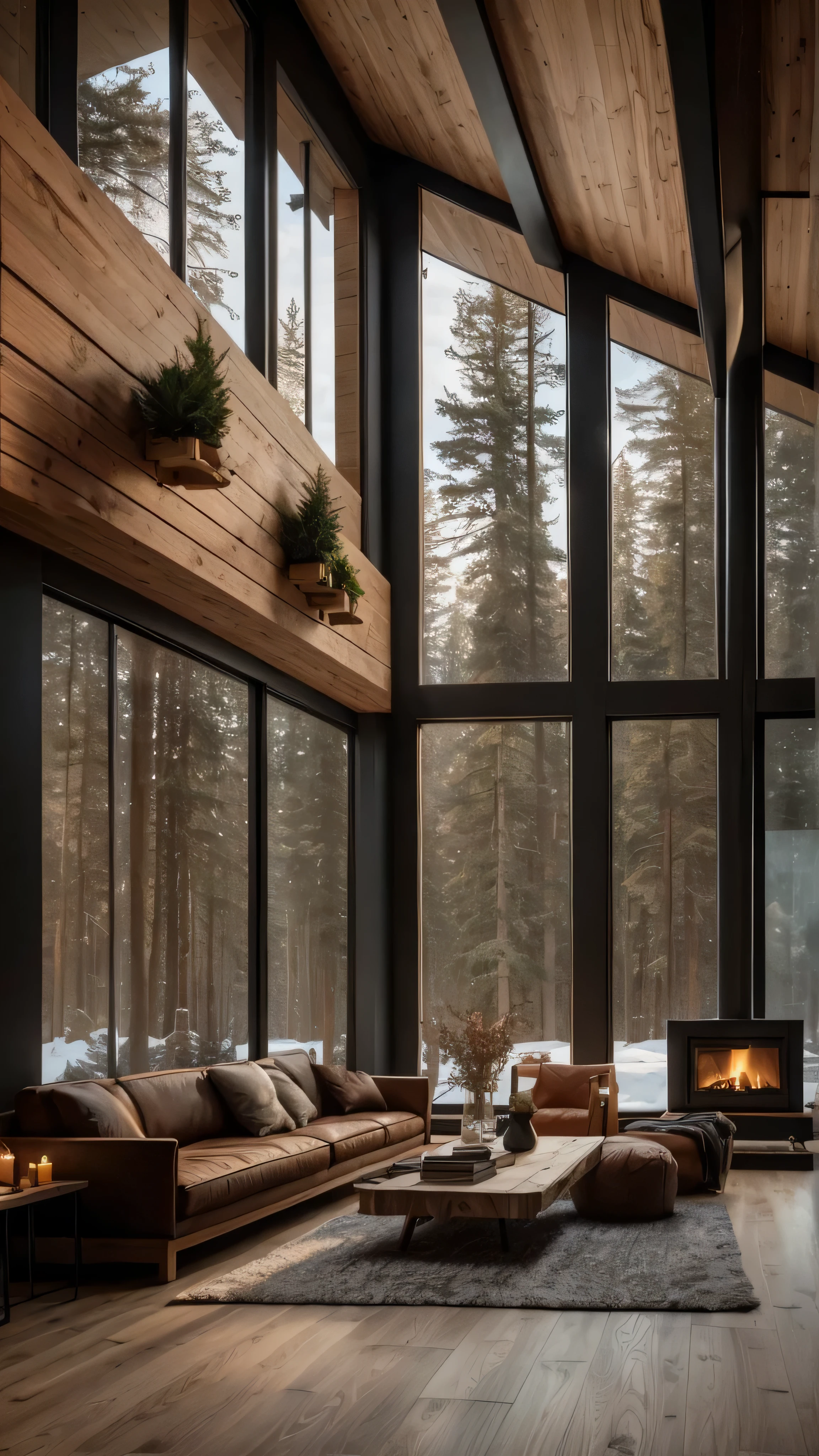 arafed living room with a fireplace and large windows overlooking the woods, large windows to forest at night, warm interior, floor - to - ceiling windows, modern house in the wood, cozy contemporary living room, wide shot of a cabin interior, floor to ceiling window, tall windows lit up, cozy environment, warm interiors, massive trees with warm windows
