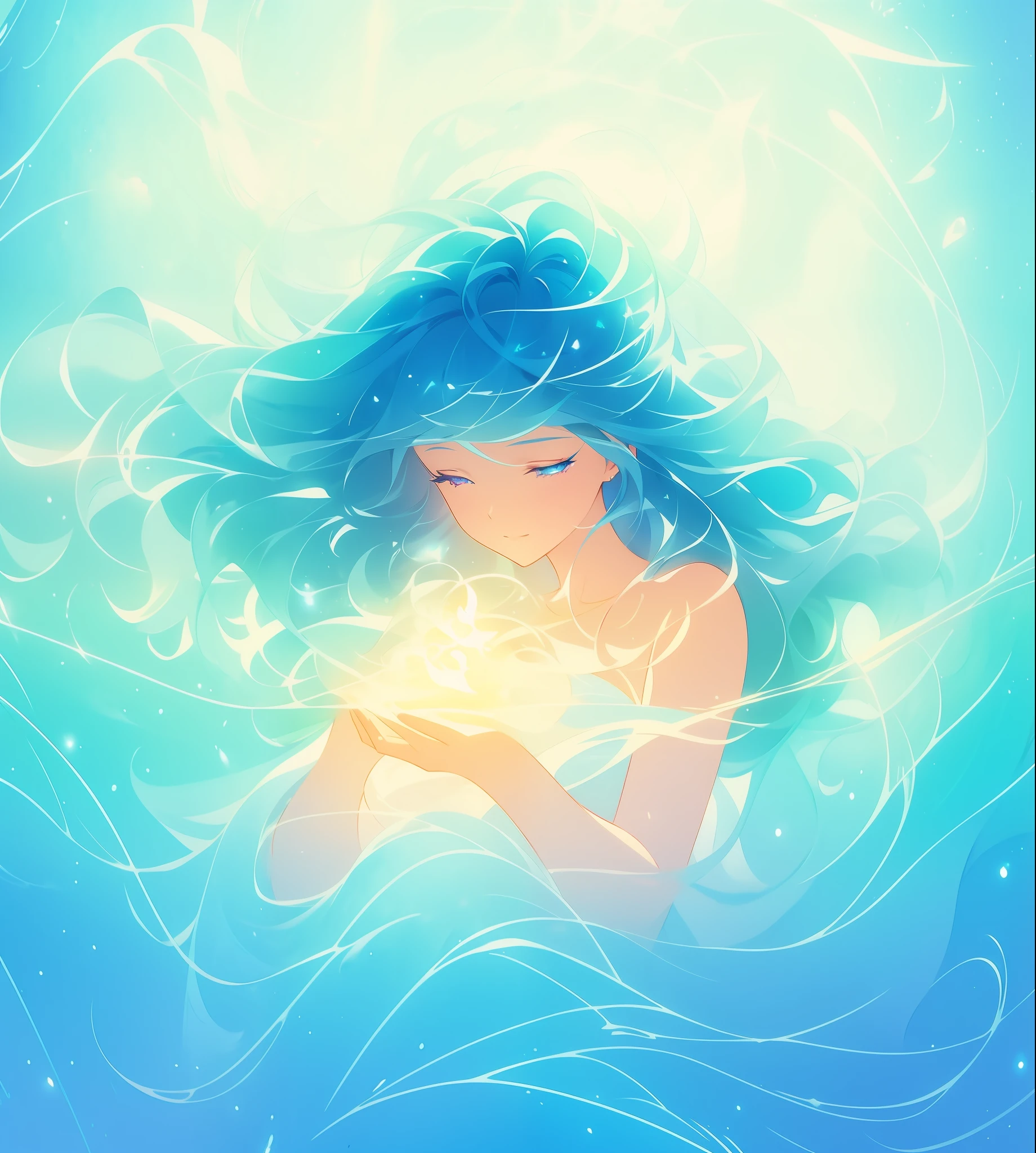 beautiful girl surrounded by liquid light, long wavy blue hair, watercolor illustration, inspired by Glen Keane, inspired by Lois van Baarle, disney art style, by Lois van Baarle, glowing aura around her, by Glen Keane, jen bartel, glowing lights! digital painting, flowing glowing hair, glowing flowing hair, beautiful digital illustration, fantasia otherworldly landscape plants flowers, beautiful, masterpiece, best quality, anime disney style