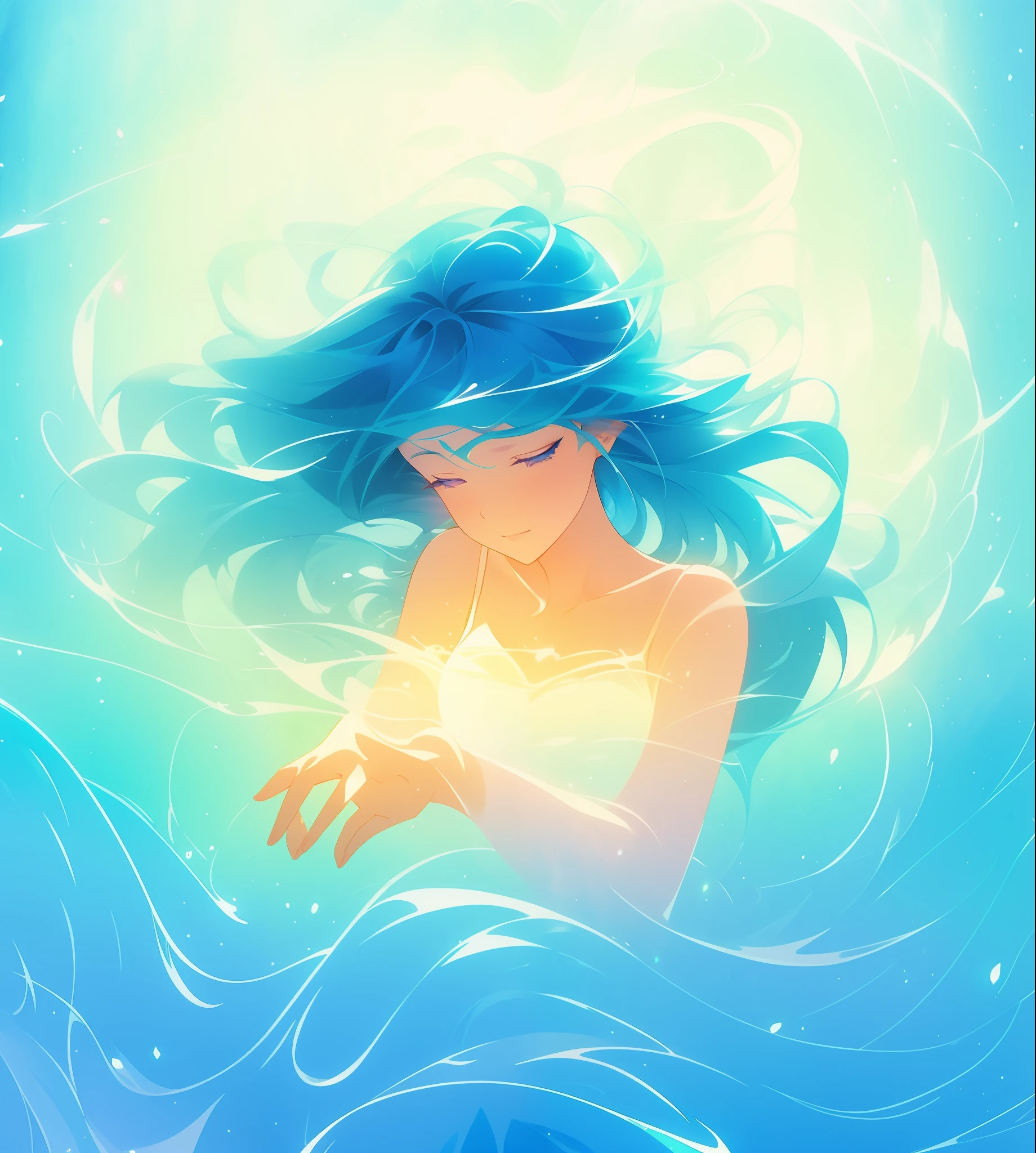 beautiful girl surrounded by liquid light, long wavy blue hair, watercolor illustration, inspired by Glen Keane, inspired by Lois van Baarle, disney art style, by Lois van Baarle, glowing aura around her, by Glen Keane, jen bartel, glowing lights! digital painting, flowing glowing hair, glowing flowing hair, beautiful digital illustration, fantasia otherworldly landscape plants flowers, beautiful, masterpiece, best quality, anime disney style