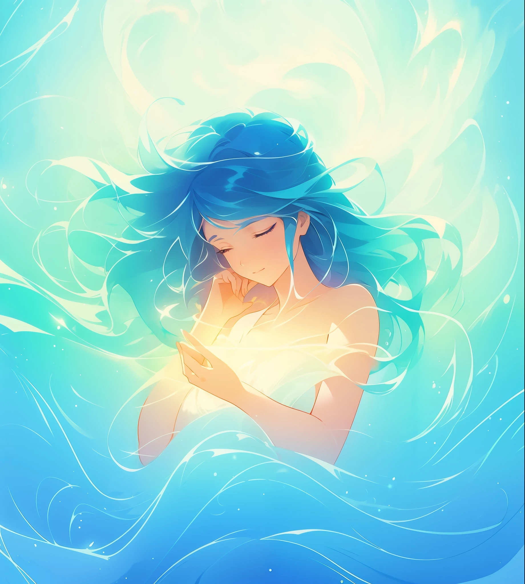 beautiful girl surrounded by liquid light, long wavy blue hair, watercolor illustration, inspired by Glen Keane, inspired by Lois van Baarle, disney art style, by Lois van Baarle, glowing aura around her, by Glen Keane, jen bartel, glowing lights! digital painting, flowing glowing hair, glowing flowing hair, beautiful digital illustration, fantasia otherworldly landscape plants flowers, beautiful, masterpiece, best quality, anime disney style
