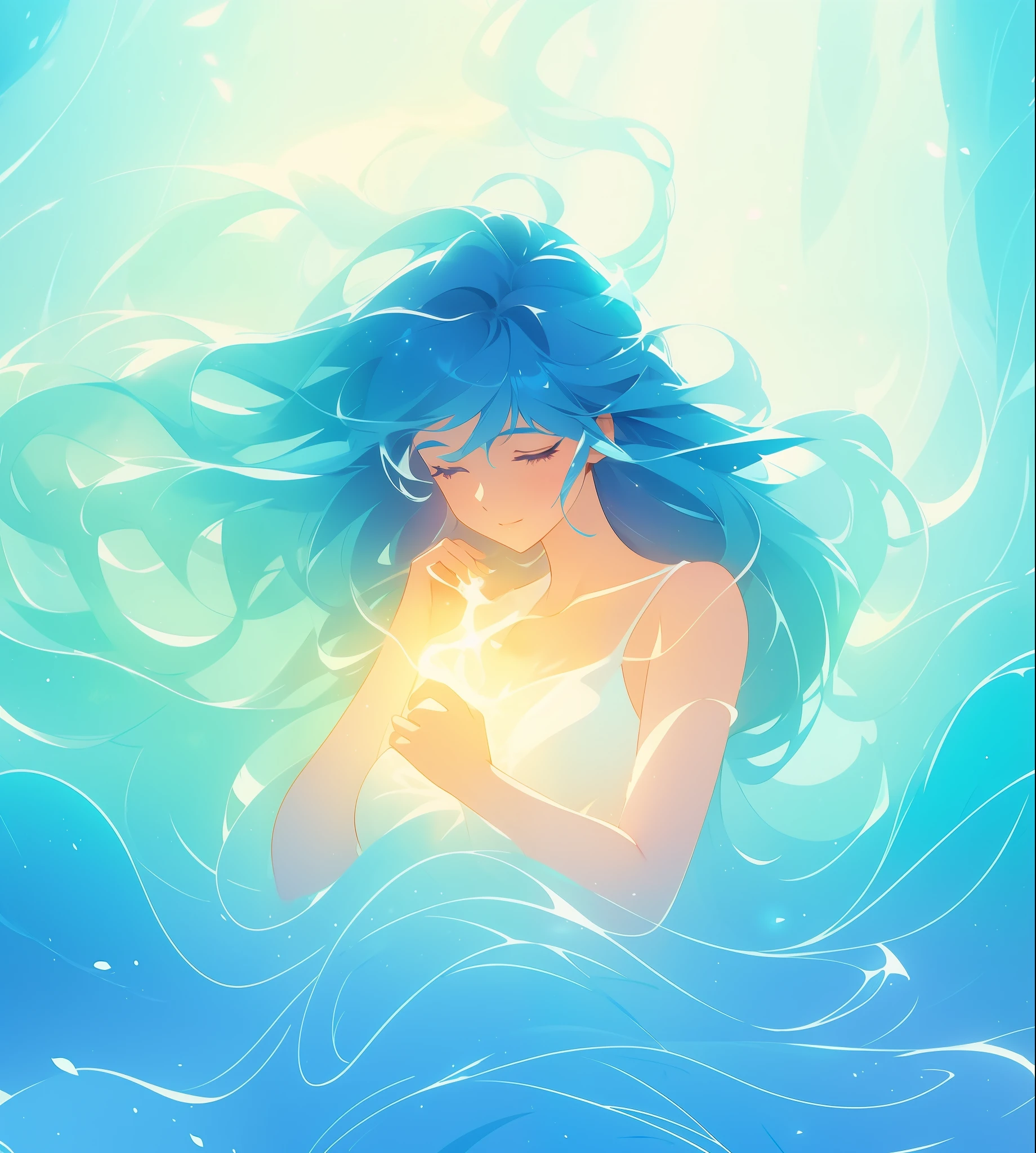 beautiful girl surrounded by liquid light, long wavy blue hair, watercolor illustration, inspired by Glen Keane, inspired by Lois van Baarle, disney art style, by Lois van Baarle, glowing aura around her, by Glen Keane, jen bartel, glowing lights! digital painting, flowing glowing hair, glowing flowing hair, beautiful digital illustration, fantasia otherworldly landscape plants flowers, beautiful, masterpiece, best quality, anime disney style
