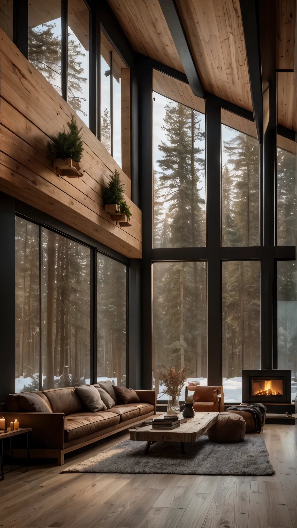 arafed living room with a fireplace and large windows overlooking the woods, large windows to forest at night, warm interior, floor - to - ceiling windows, modern house in the wood, cozy contemporary living room, wide shot of a cabin interior, floor to ceiling window, tall windows lit up, cozy environment, warm interiors, massive trees with warm windows