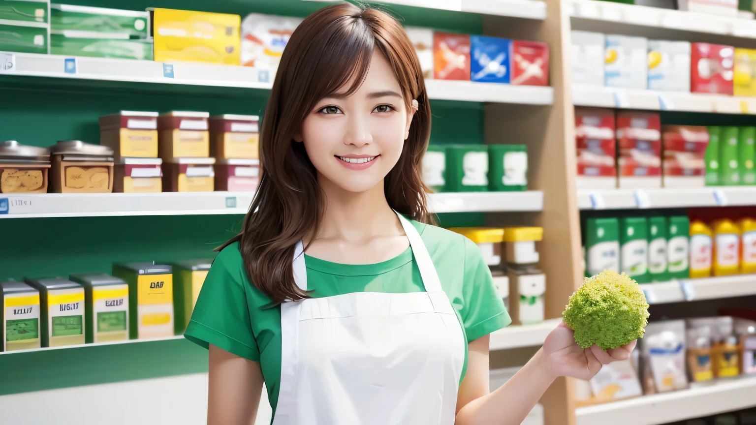 (highest quality、table top、8K、best image quality、Award-winning work)、a woman working at a convenience store、(The most natural and perfect plain green simple apron:1.3)、(simple green apron:1.2)、classy shirt、(big breasts:1.1)、(emphasize body line:1.1)、(Standing gracefully:1.1)、beautiful woman portrait、The most natural and perfectly organized convenience store、Convenience store shelves in the background、perfectly organized shelves、Regularly arranged shelves of natural products、(very bright and vivid:1.2)、Strongly blurred background、look at me and smile、(accurate anatomy:1.1)、Super high resolution perfect beautiful teeth、Ultra high definition beauty face、ultra high definition hair、Super high-definition sparkling eyes、(輝く超高解像度のShining beautiful skin:1.3)、(Shining beautiful skin:1.2)、Super high resolution glossy lips