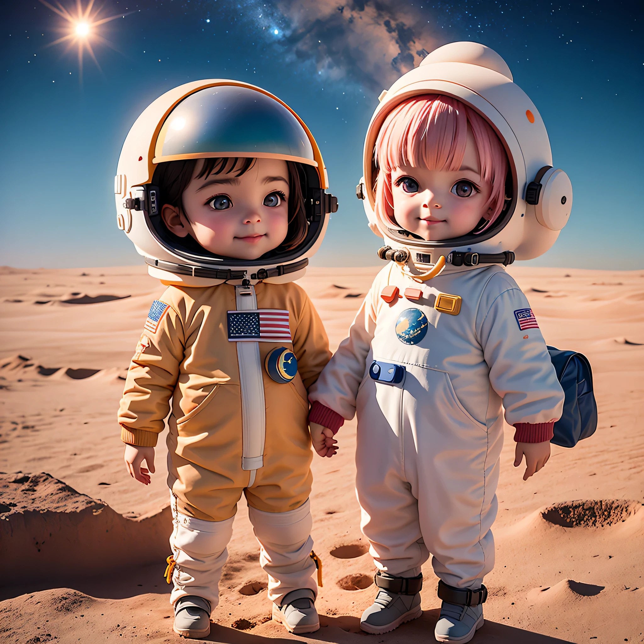 my son, With his chubby cheeks and bright eyes, He is two years old, And my daughter, Wearing a space suit with an excited smile, He is seven years old. They stand hand in hand on the calm, Dusty moon surface. The vast expanse of space stretched out behind them, Full of craters and stars. A small American flag planted nearby blows gently in the moonlight breeze. In the background, The ground rises like beautiful blue marble, jiffy. The sun sets on the distant horizon, Casting long shadows across the lunar landscape, Its orange and pink colors light up the scene. Children's laughter echoes in the quiet emptiness