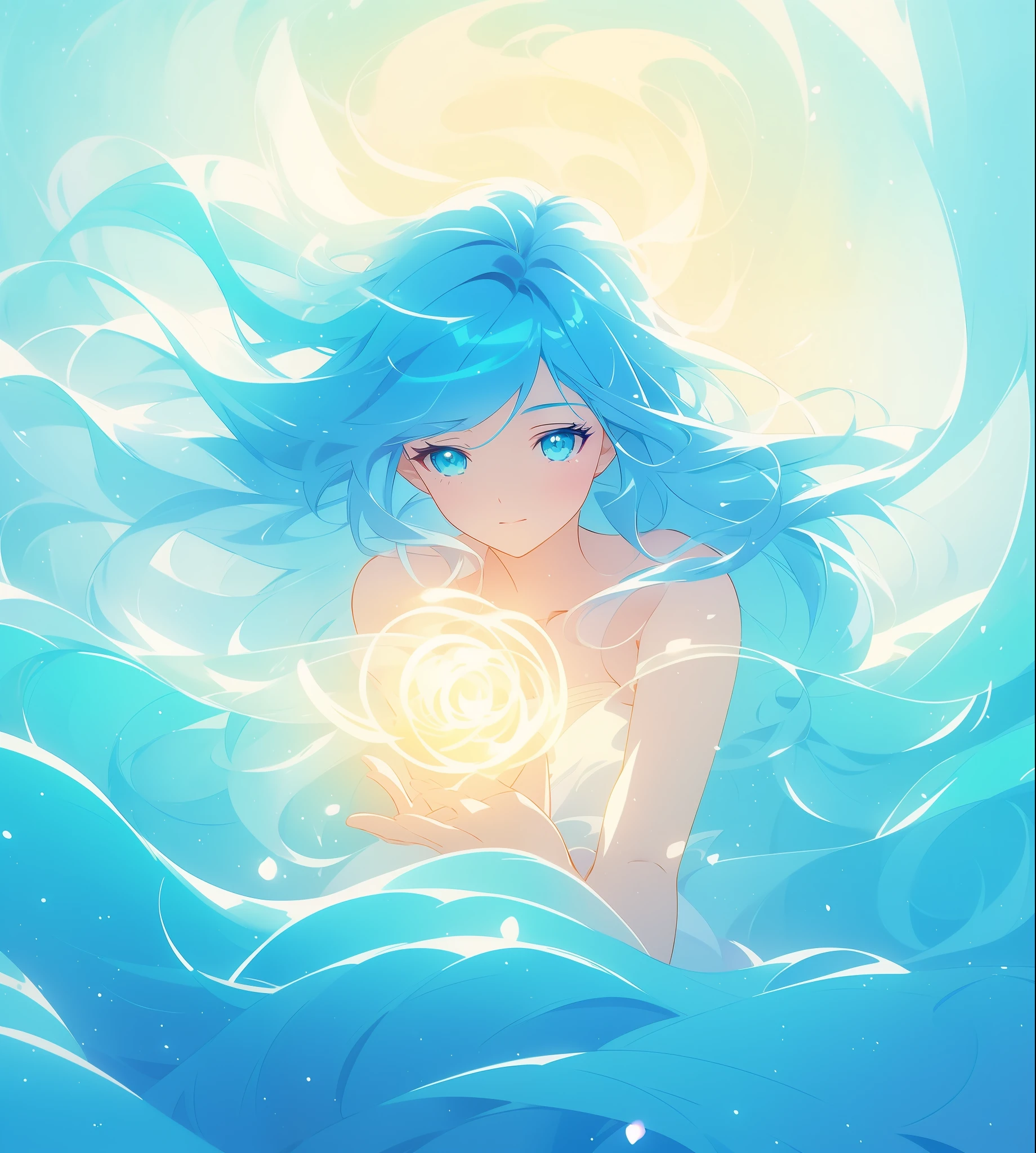 beautiful girl surrounded by liquid light, long wavy blue hair, watercolor illustration, inspired by Glen Keane, inspired by Lois van Baarle, disney art style, by Lois van Baarle, glowing aura around her, by Glen Keane, jen bartel, glowing lights! digital painting, flowing glowing hair, glowing flowing hair, beautiful digital illustration, fantasia otherworldly landscape plants flowers, beautiful, masterpiece, best quality, anime disney style