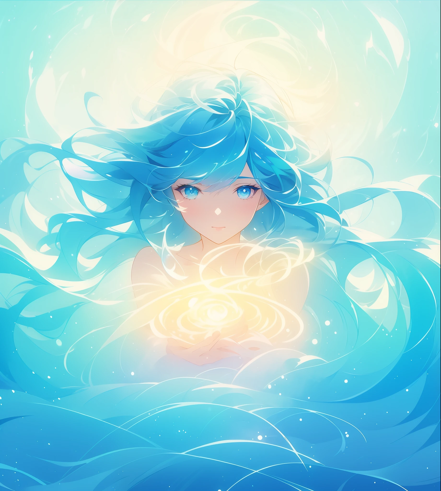 beautiful girl surrounded by liquid light, long wavy blue hair, watercolor illustration, inspired by Glen Keane, inspired by Lois van Baarle, disney art style, by Lois van Baarle, glowing aura around her, by Glen Keane, jen bartel, glowing lights! digital painting, flowing glowing hair, glowing flowing hair, beautiful digital illustration, fantasia otherworldly landscape plants flowers, beautiful, masterpiece, best quality, anime disney style