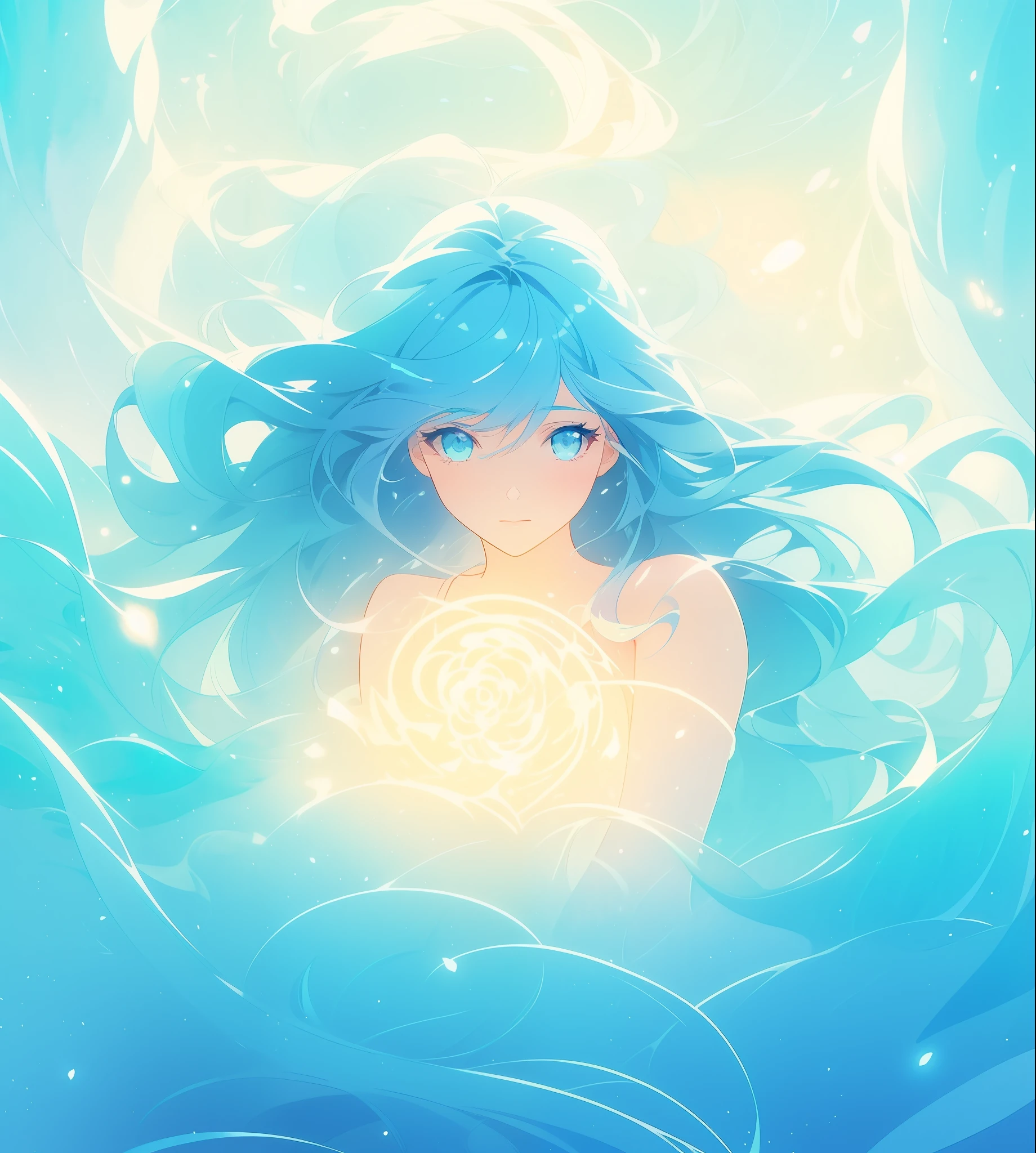 beautiful girl surrounded by liquid light, long wavy blue hair, watercolor illustration, inspired by Glen Keane, inspired by Lois van Baarle, disney art style, by Lois van Baarle, glowing aura around her, by Glen Keane, jen bartel, glowing lights! digital painting, flowing glowing hair, glowing flowing hair, beautiful digital illustration, fantasia otherworldly landscape plants flowers, beautiful, masterpiece, best quality, anime disney style