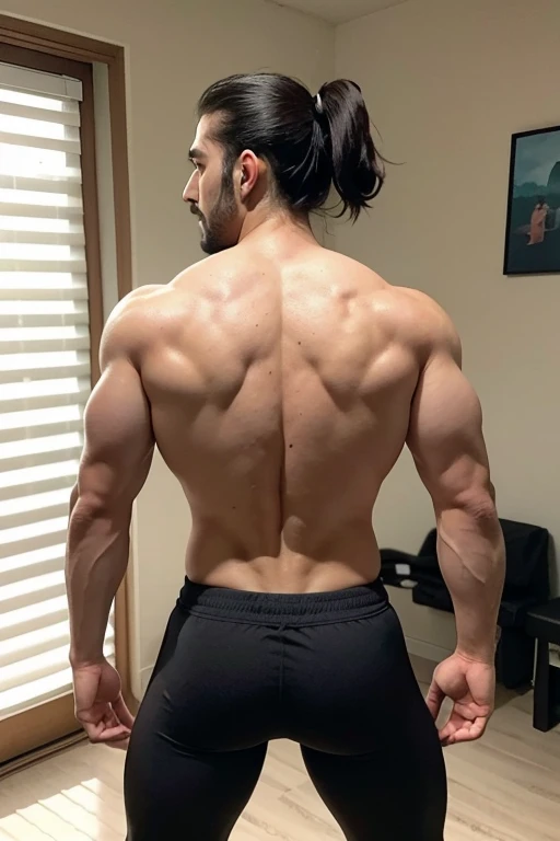 Mexican Man 30 40 years old long hair in a pony tail head slitly back in a state of plasure tall masculine muscular bodi shirtless mariachi pants big bulge hairy chest, muscular arms and vains puping from workout, body 3/4 side wayus we can see his nice bubble but and bulging croth, one hand inside his pants graving his dick, in a room full of man watching him all eges, sexy as Rocco Siffredi style