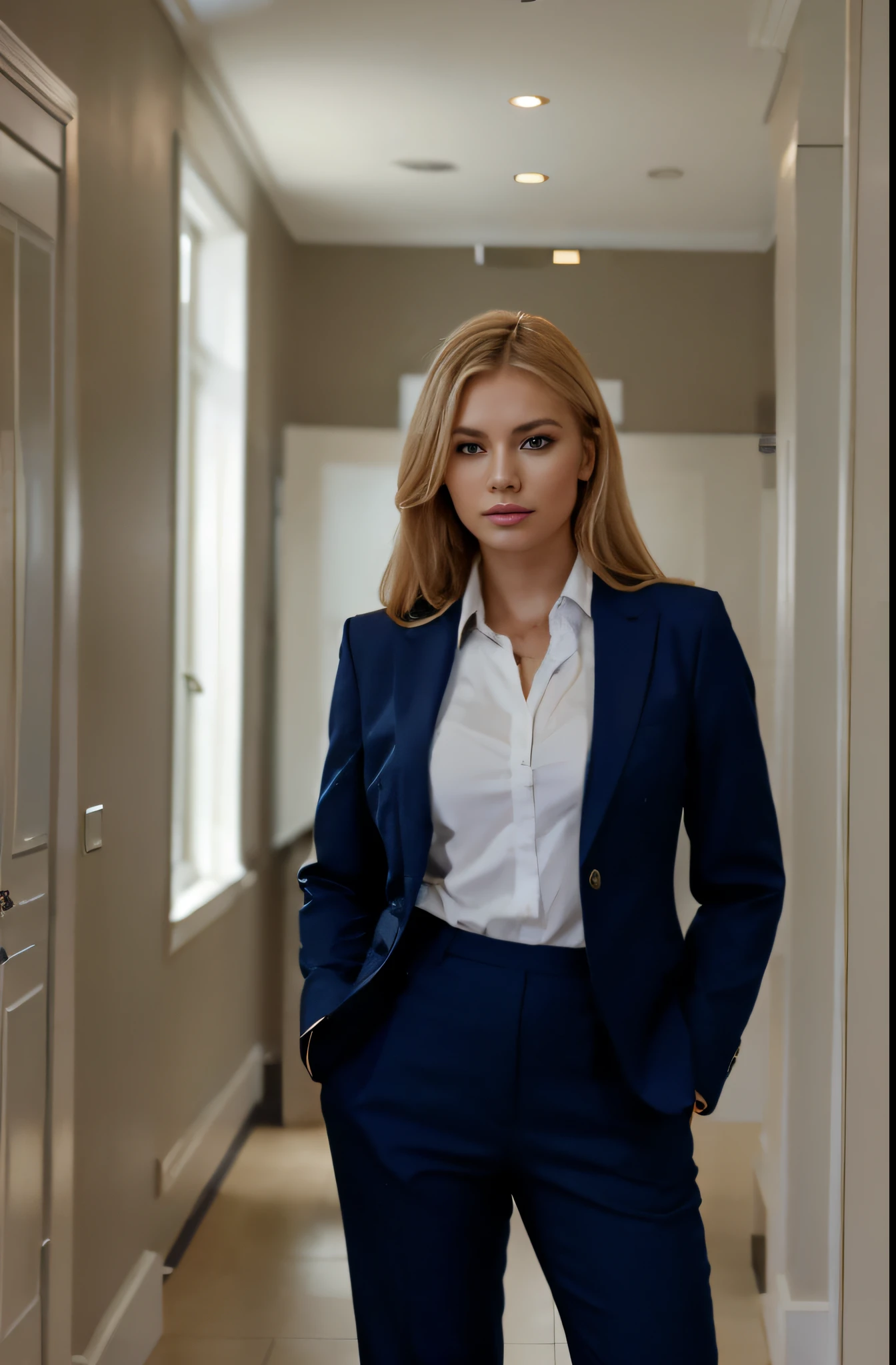 Professional full-length photo of a beautiful Russian woman with blonde hair and a beautiful face posing for a catalog, Estande em um evento de caridade ((She wears business clothes, Terno, pants, camisa social)), ultra realistic