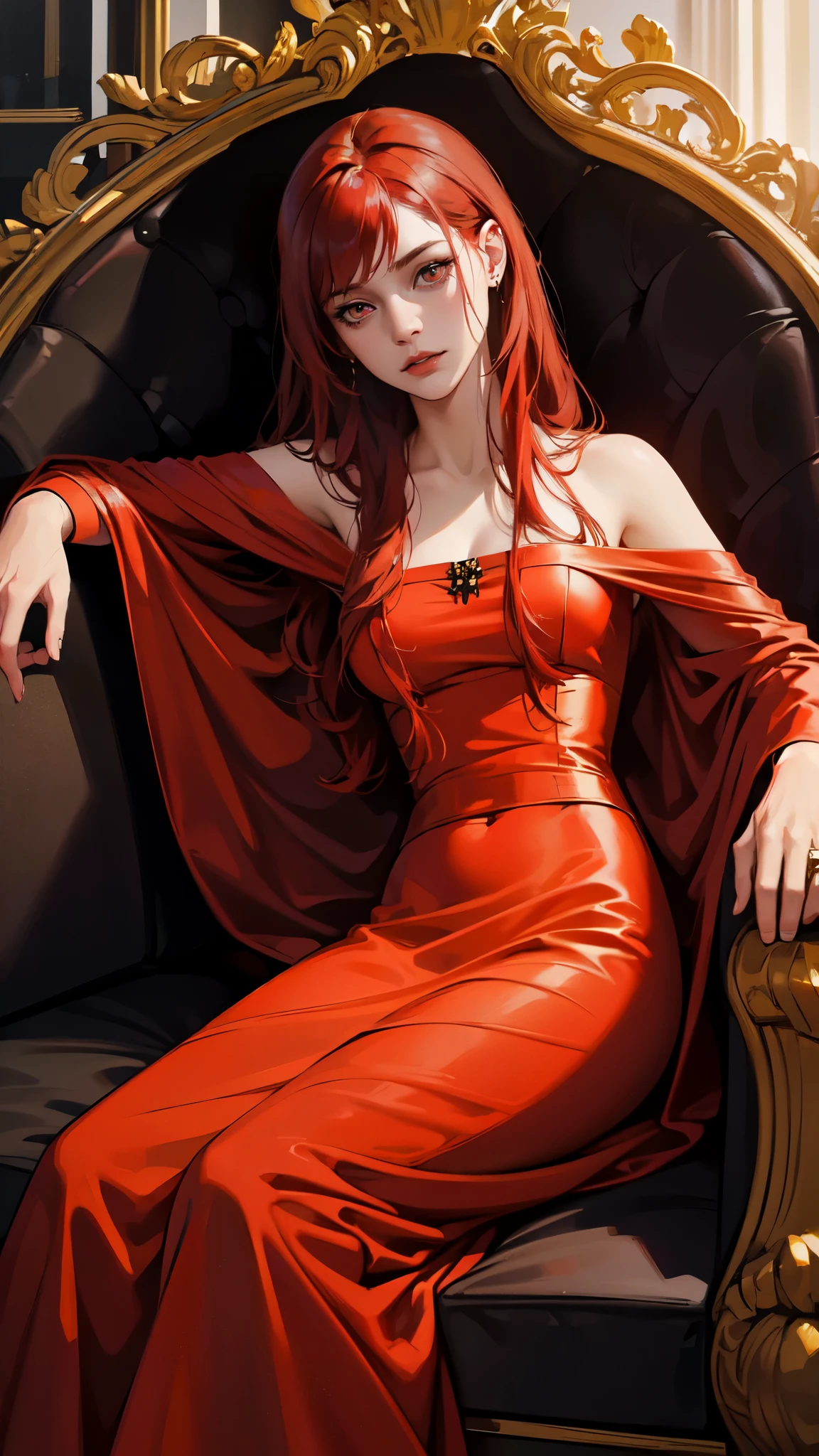 (best quality,highres,ultra-detailed,realistic),(portraits,horror),(red-haired girl with golden eyes,lying inside a coffin,dressed in a wedding gown),oil painting style,dark and moody color tones,dramatic lighting